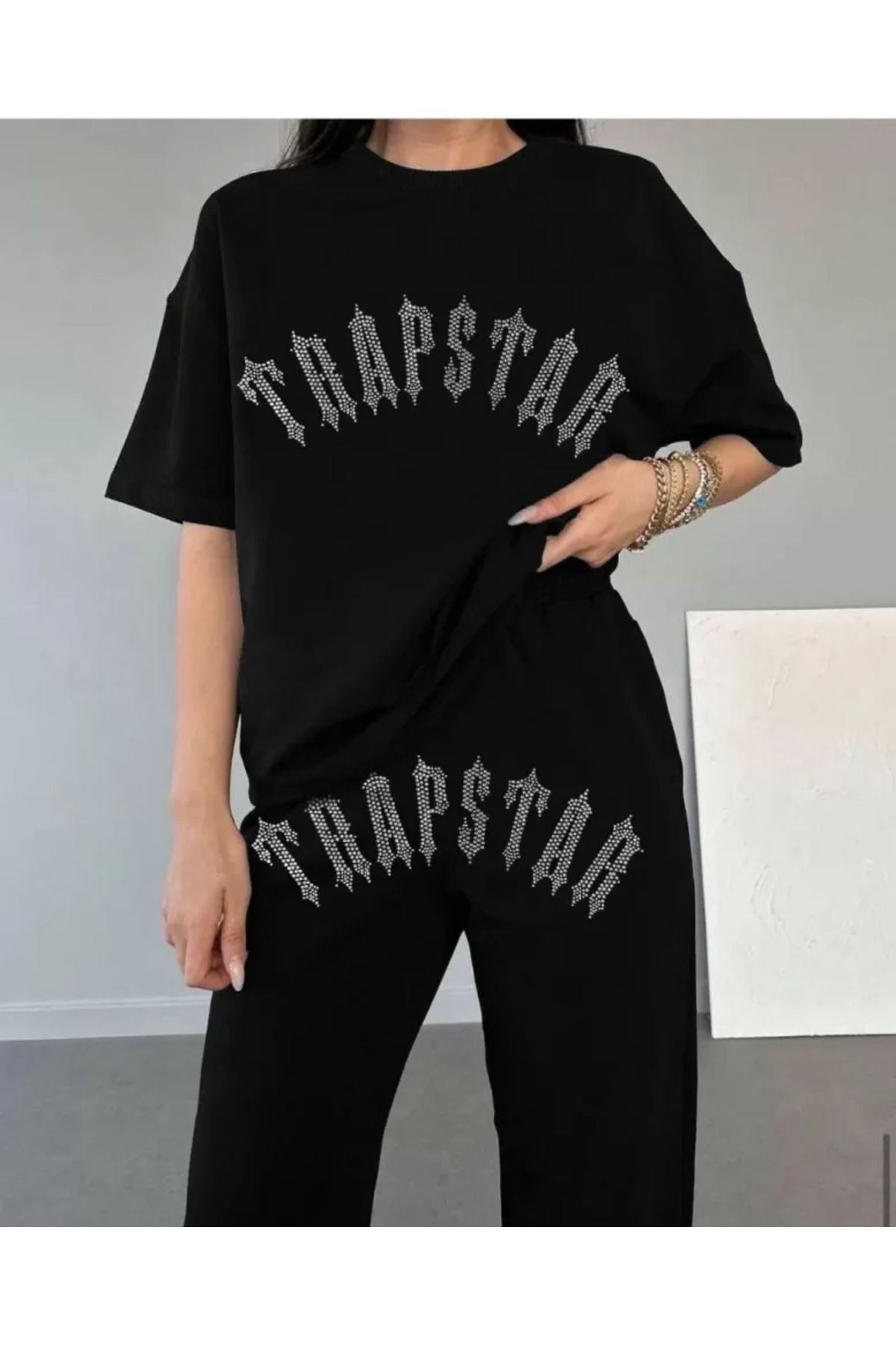 YAKAMOZ MODA Moda bemko Unisex Taşlı T-Shirt Ve Eşofman Takımı - Siyah