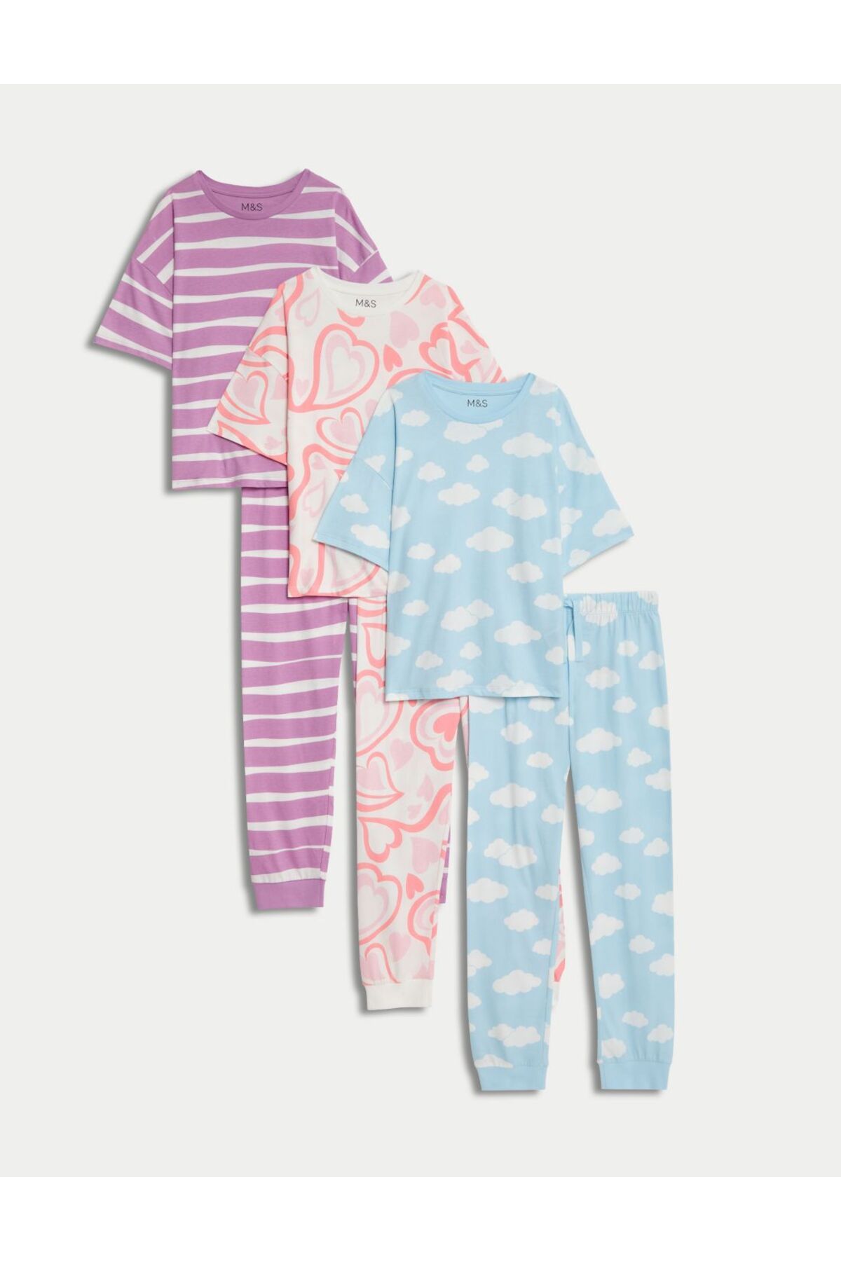 Marks & Spencer Saf Pamuklu 3'lü Desenli Pijama Takımı (6-16 Yaş)