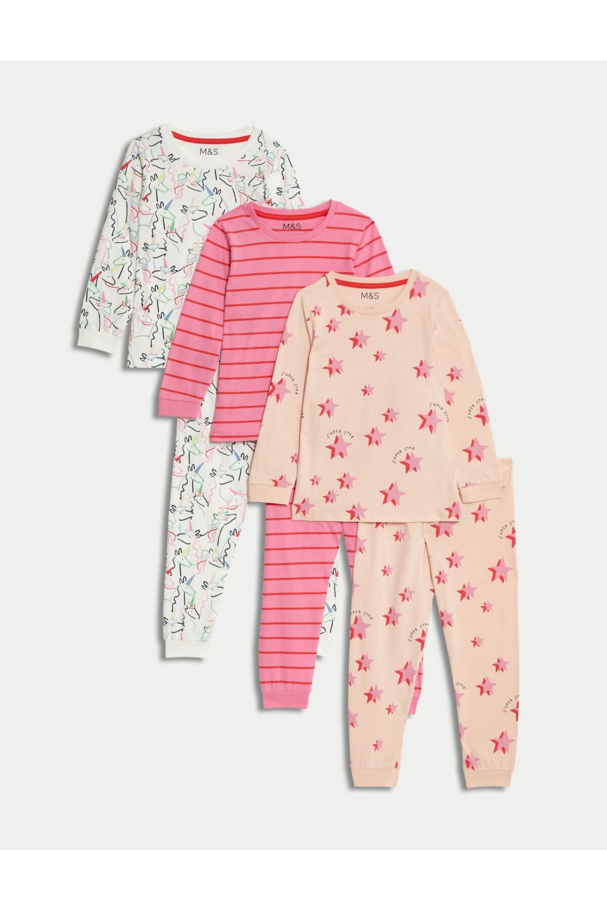 Marks & Spencer 3'lü Saf Pamuklu Desenli Pijama Seti (1-8 Yaş)