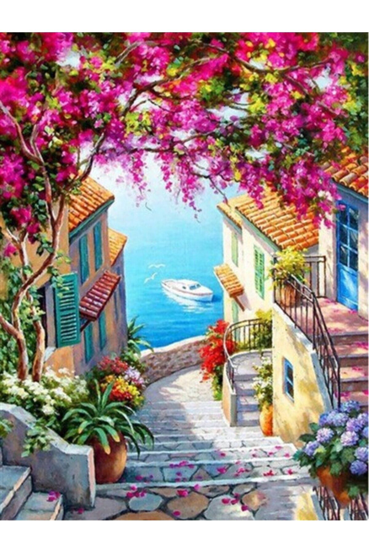 MOVAS Sanat Deniz Manzaralı Merdivenli Sokak | Elmas Mozaik Puzzle | 45x60 | E20202072m