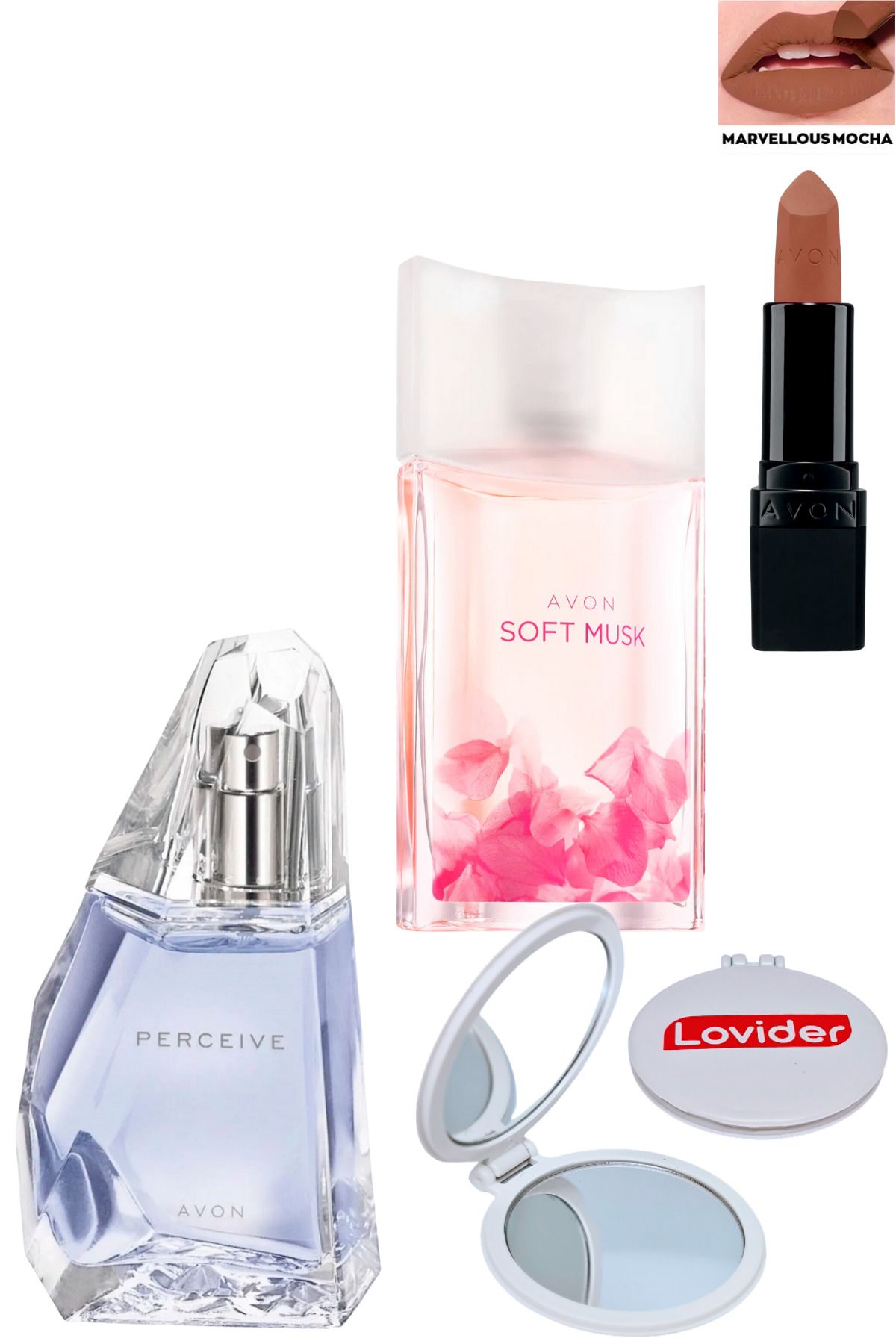 Avon Perceive 50ml + Soft Musk 50ml Kadın Parfüm + Marvellous Mocha Ruj + Lovider Cep Aynası