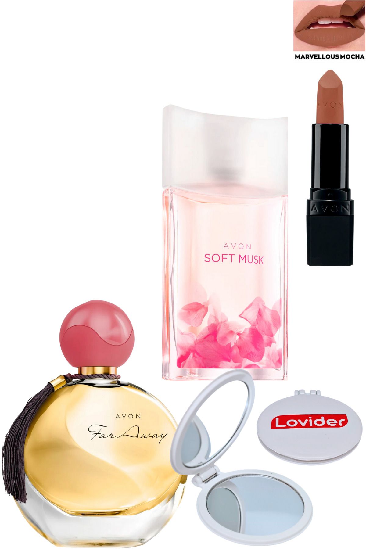 Avon Far Away 50ml + Soft Musk 50ml Kadın Parfüm + Marvellous Mocha Ruj + Lovider Cep Aynası