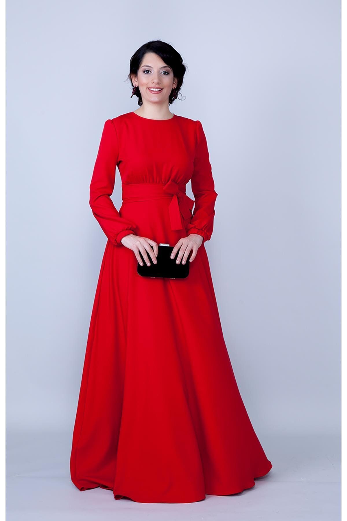 bayansepeti Esnek Kumaş Kuşak ve Cep Detaylı Yuvarlak Yaka Uzun Kollu Maxi Boy Kırmızı Tesettür Abiye Elbise 352