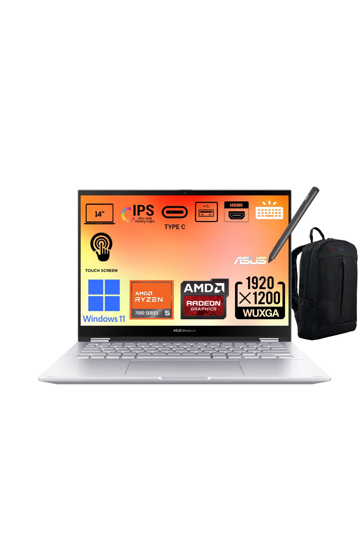 ASUS Vivobook S14 Flip LZ172W R5 7530U 16GB 512GB SSD 14" WUXGA Dokunmatik 2in1 Win11 Laptop