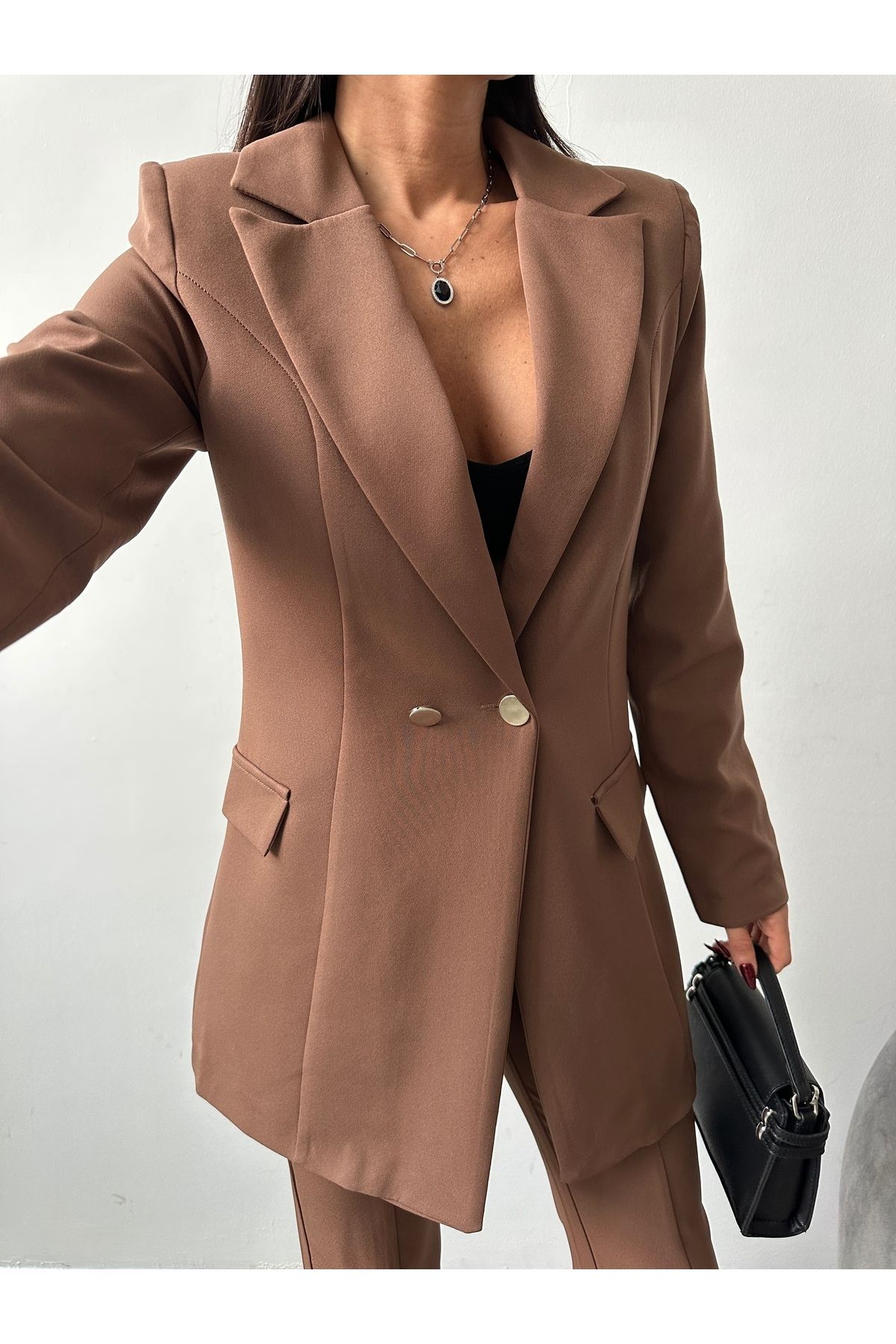 Female Clothing Kahverengi Astarlı Tek Düğme Blazer Ceket Ispanyol Yırtmaçlı Paça Esnek Pantolon Takım Elbise
