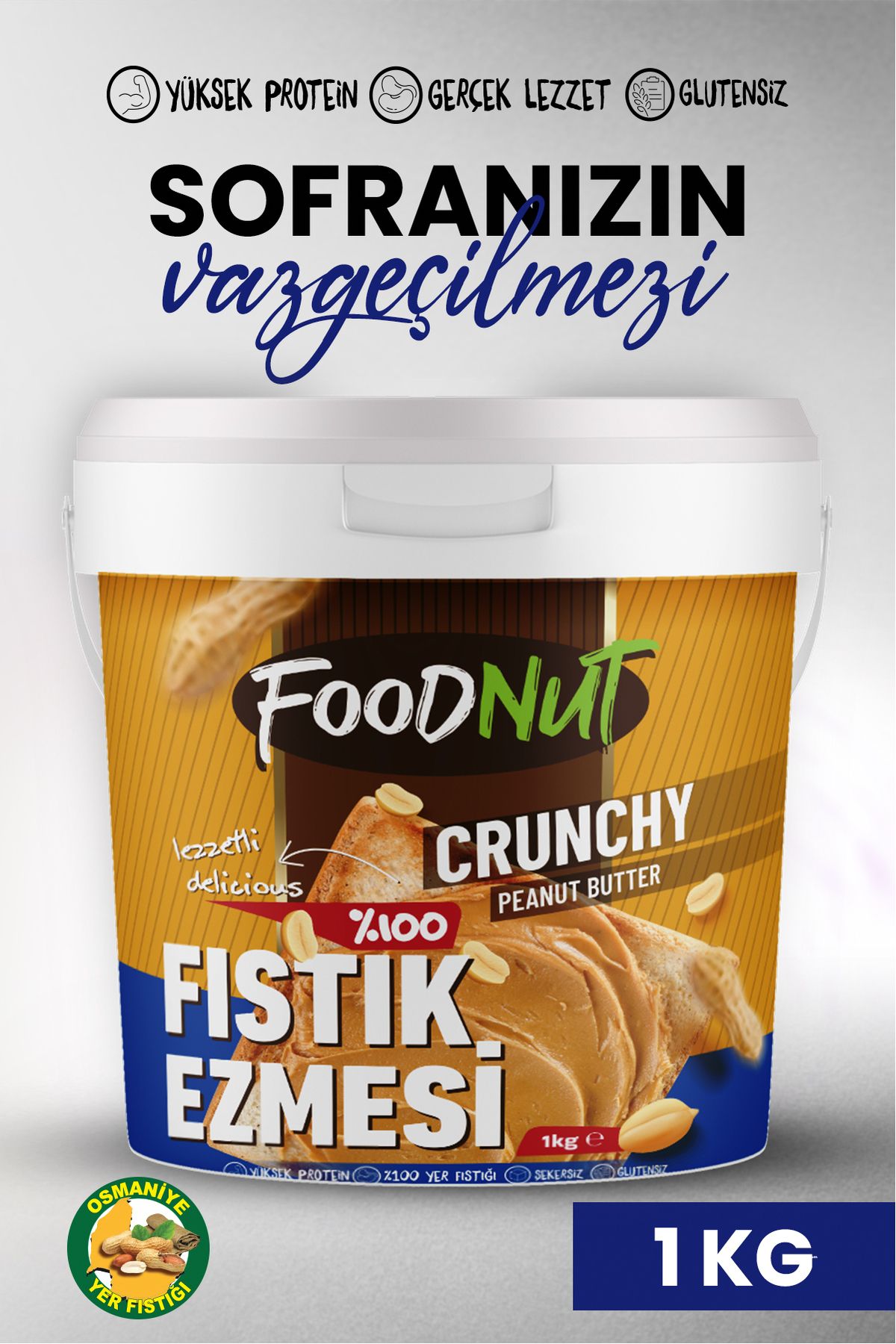 FoodNut %100 Şekersiz Sporcu Dostu Fıstık Ezmesi 1 Kg Şekersiz Yer Fıstığı Ezmesi Proteini Yüksek.