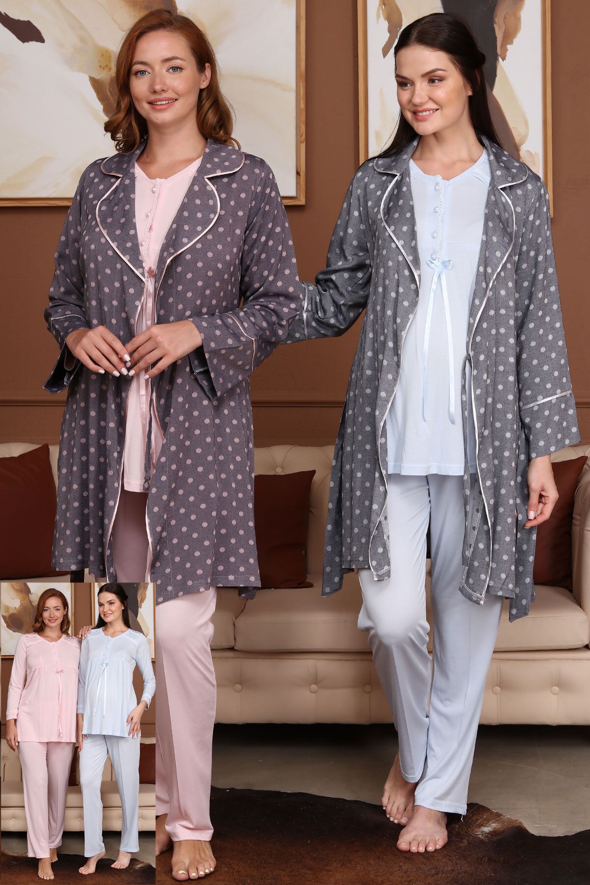 Bone Pijama Bone Kadın 3'lü Lohusa Pijama Takımı Uzun Kollu (1 adet)