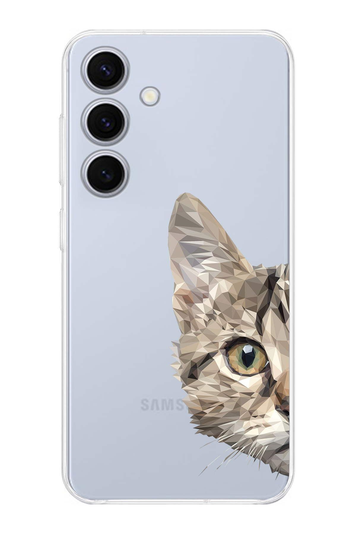 PrintiFy Samsung S24 Uyumlu Kamera Korumalı Catface Tasarımlı Şeffaf  Silikon Kılıf