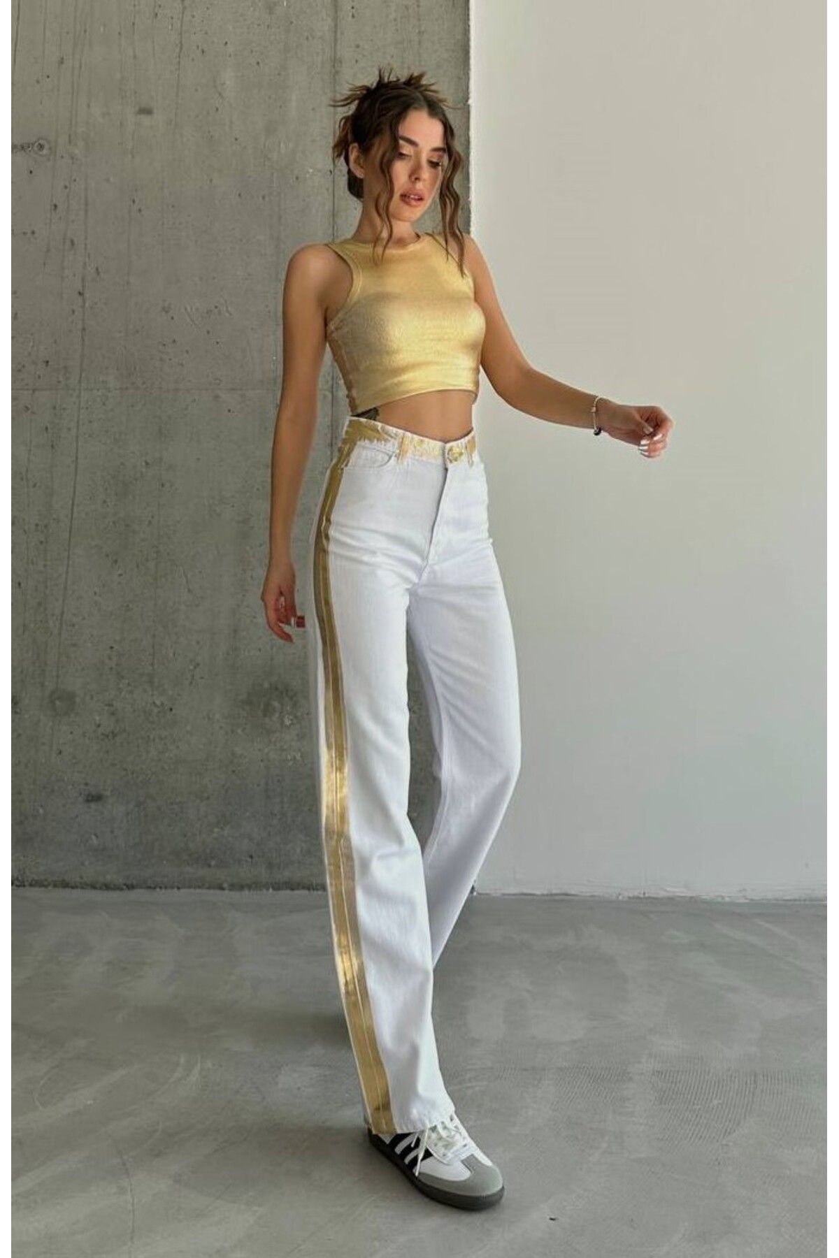 Panku Bizu Design Store Semiramis Altın Varak Detaylı Yüksek Bel Beyaz Denim Kot Pantolon