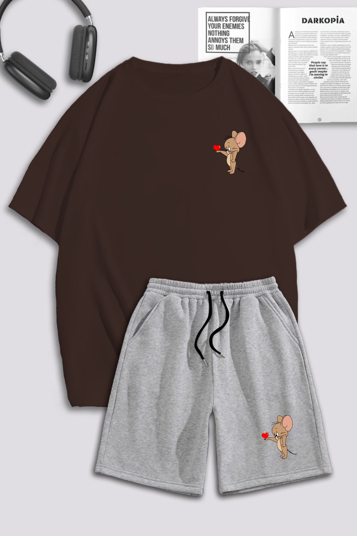 macklin Unisex Kadın Erkek Tom ve Jerry Kalp Baskılı Özel Tasarım Oversize Tshirt Ve Şort Eşofman Takımı