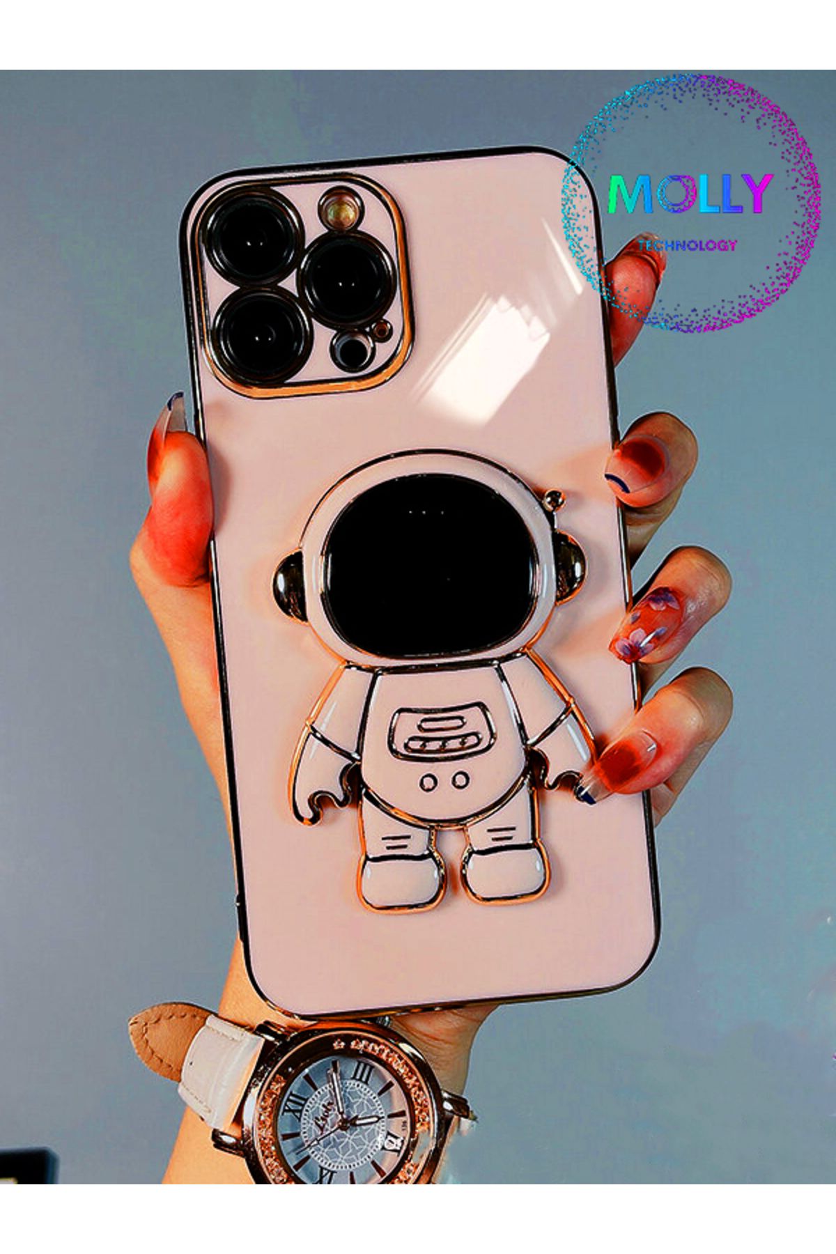 Molly iPhone 12 PRO MAX Için Rose Astronot Standlı Kenarları Gold Detaylı Lüks Silikon Kılıf
