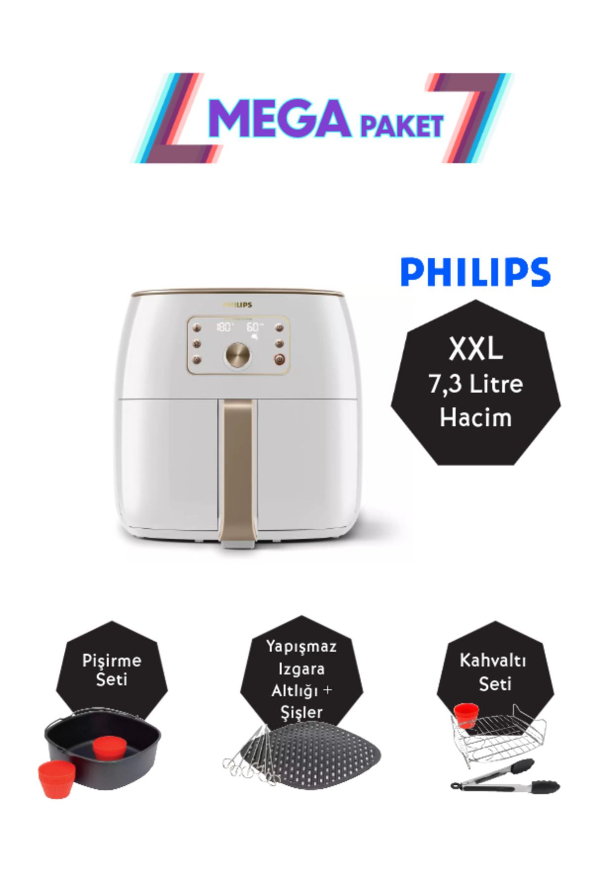 Philips XXL 7.3 lt Yağsız Fritöz, Izgara ,Pişirici ve Kahvaltı Paketi, HD9870 MEGA Set Lambader Hediyeli