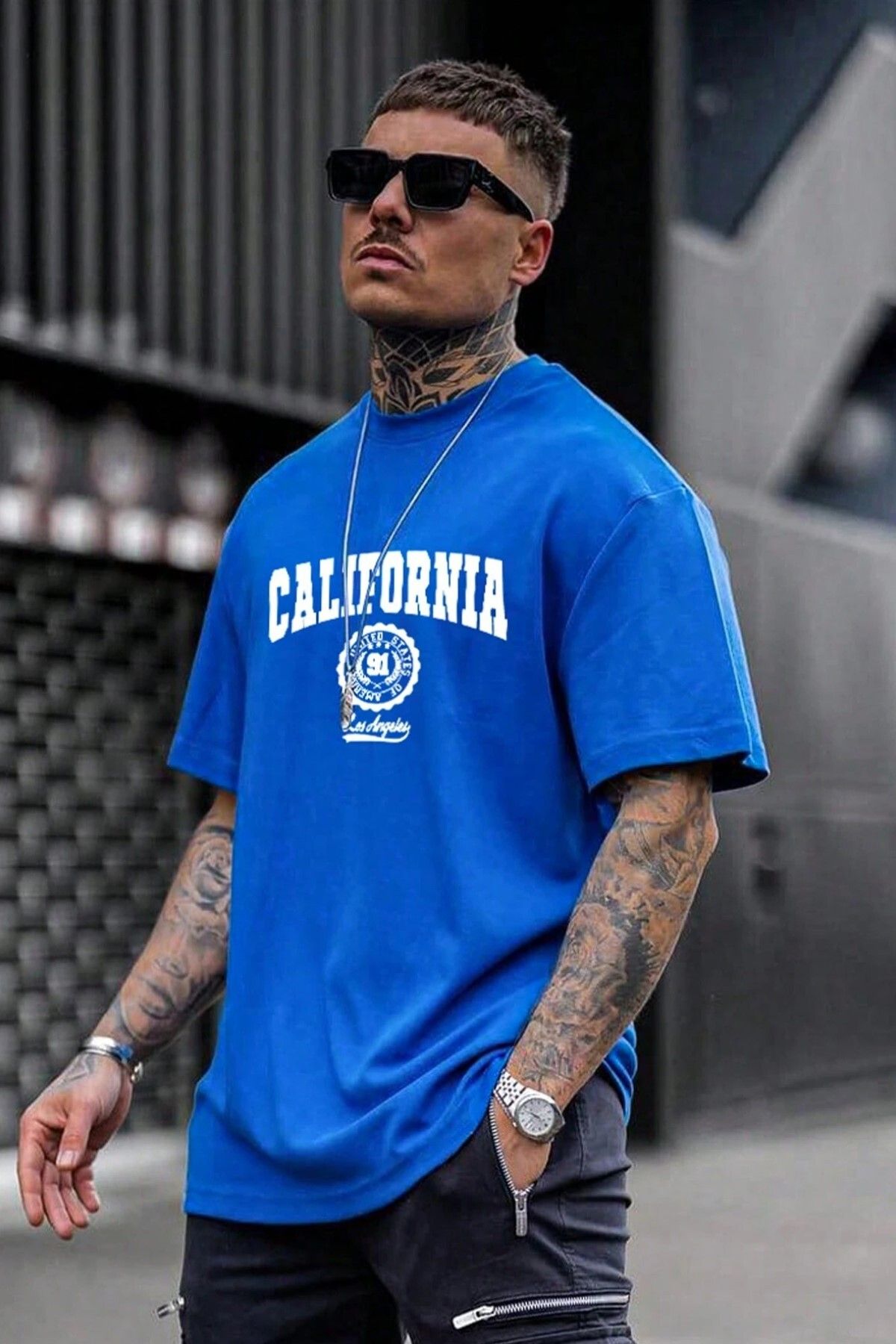 MODAGEN Erkek Bisiklet Yaka Mavi California Oversize T-Shirt
