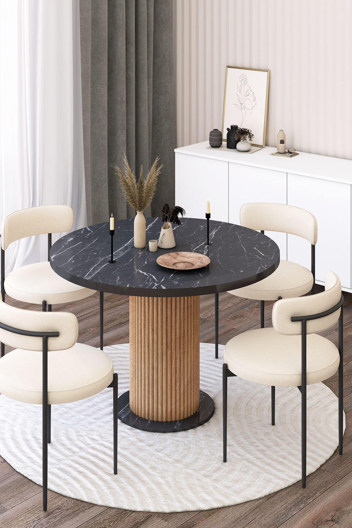 Avmpark Pino 90 Cm Modern Yuvarlak Balkon Mutfak Çalışma Toplantı Masası Siyah Mermer + 4 Sandalye