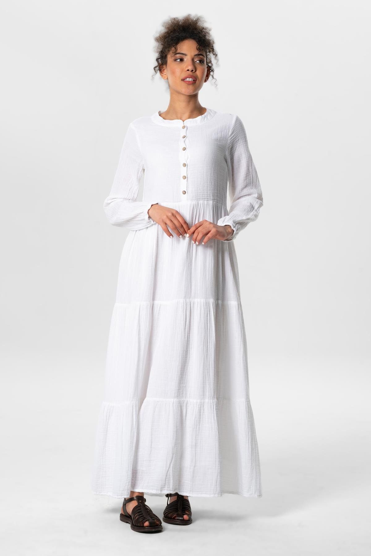 Eliş Şile Bezi Uzun Kol Akay Uzun Düğme Detay Yazlık Müslin Elbise Beyaz Byz