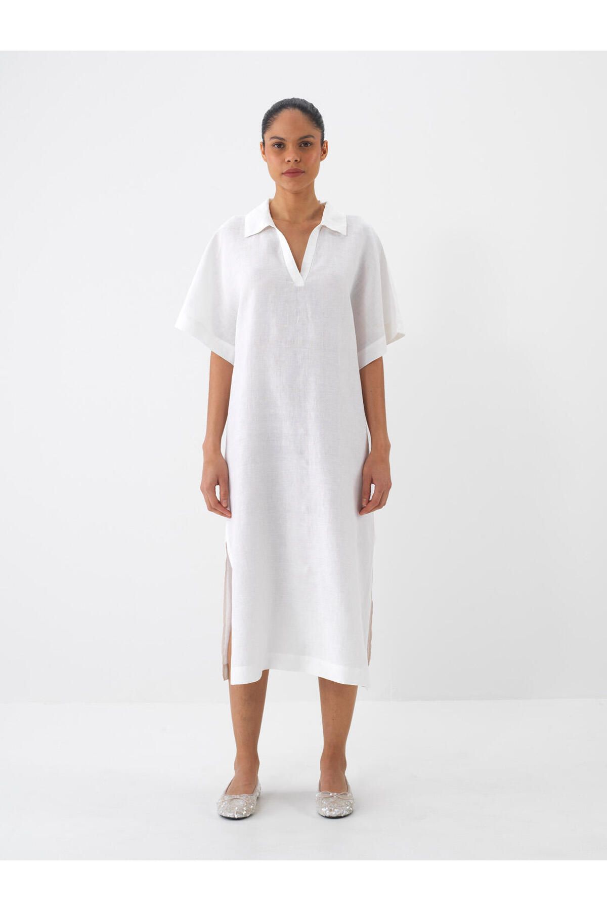 Xint Kadın Beyaz %100 Keten Oversize Elbise