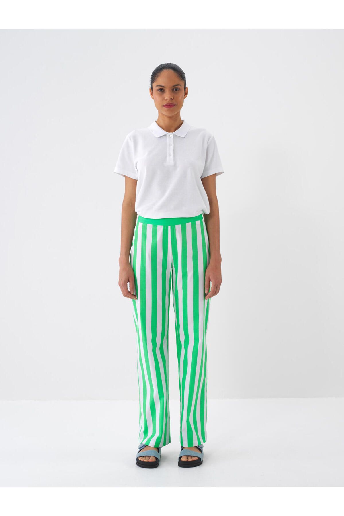 Xint Kadın Yeşil Pamuklu Regular Fit Çizgili Pantolon