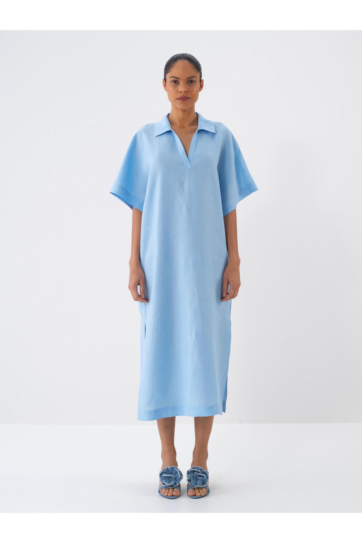 Xint Kadın Mavi %100 Keten Oversize Elbise