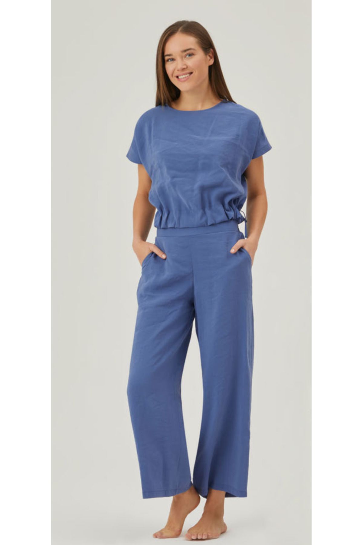 Pamuk Pamuk Mavi Modal Dokuma Düşük Kol Bağcıklı Kadın Pijama Takımı