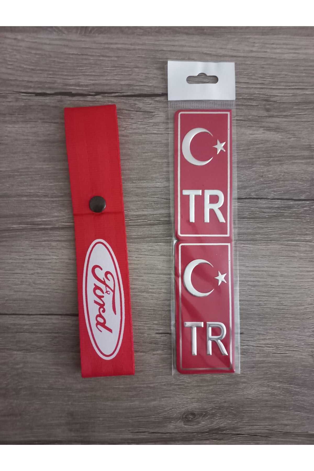 Compax Ford Uyumlu Kırmızı Renk Yüksek Kalite Tampon Dili & Çeki Ipi ve Tr Plaka Krom Sticker 2'li