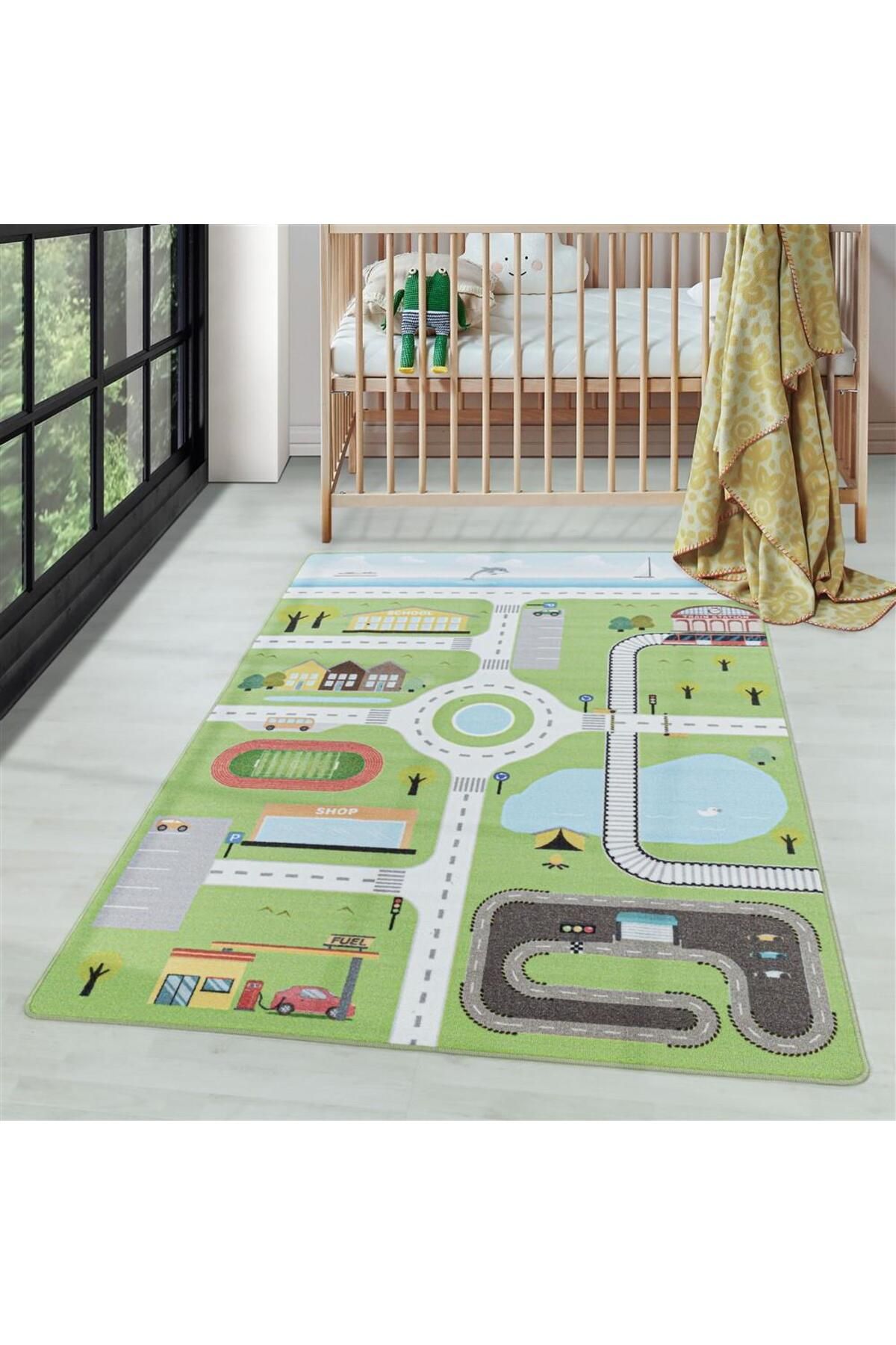 AYYILDIZ Çocuk Bebek Odası Oyun Halısı Şehir Ve Trafik Temalı Yeşil Tonlarda