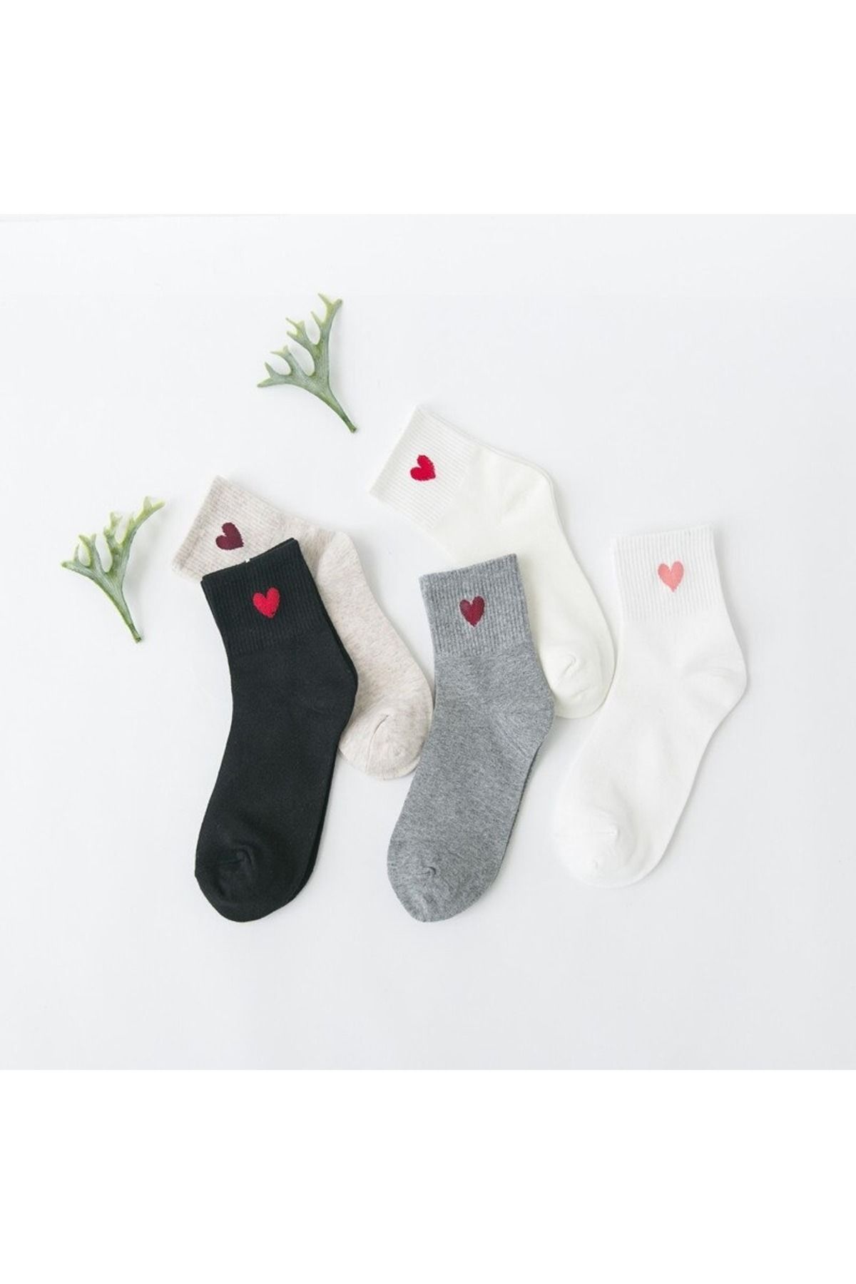 çorapmanya 5 Çift Çok Renkli Kalp Desenli Yarım Konç Kadın Çorap