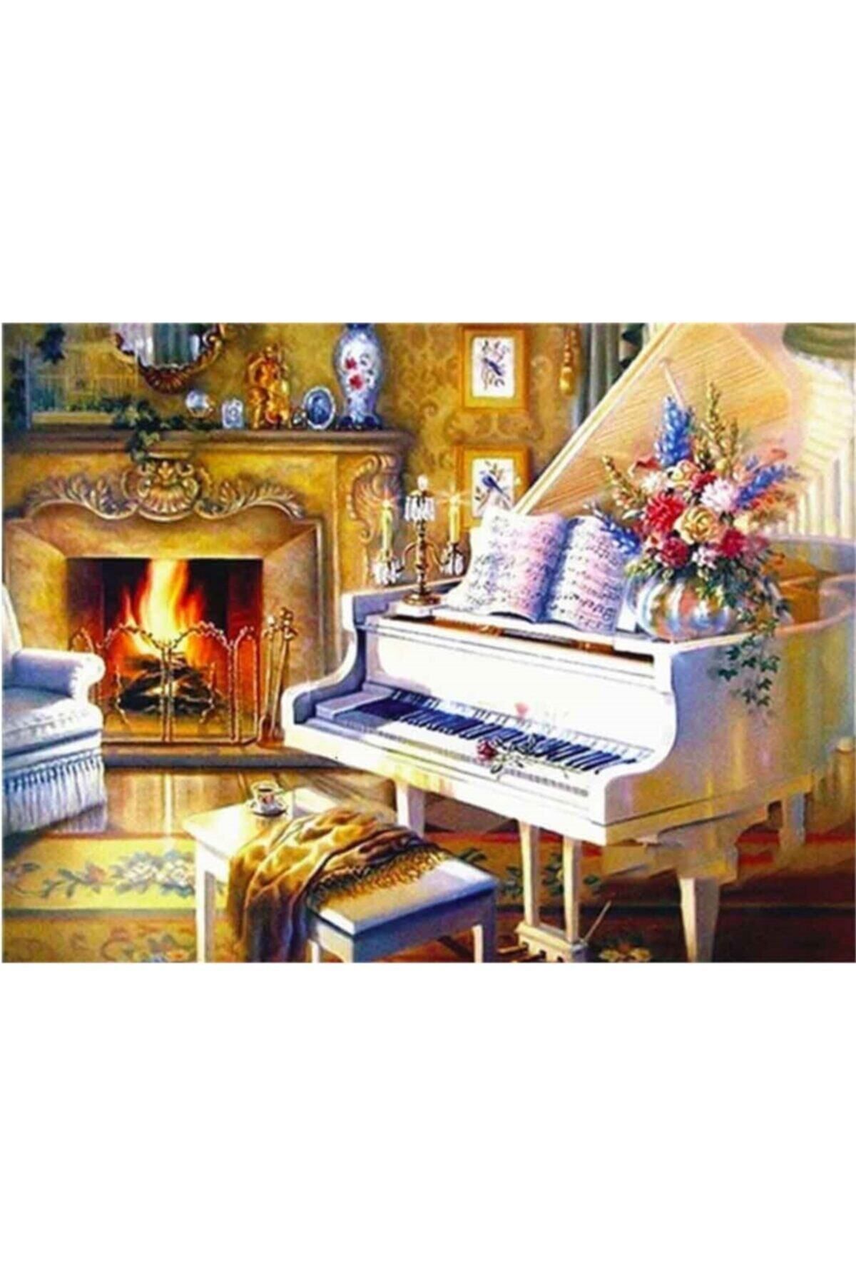 Genel Markalar Sanat Loş Bir Ortam Içindeki Beyaz Piyano | Elmas Mozaik Puzzle | 65x50 | E20202228m