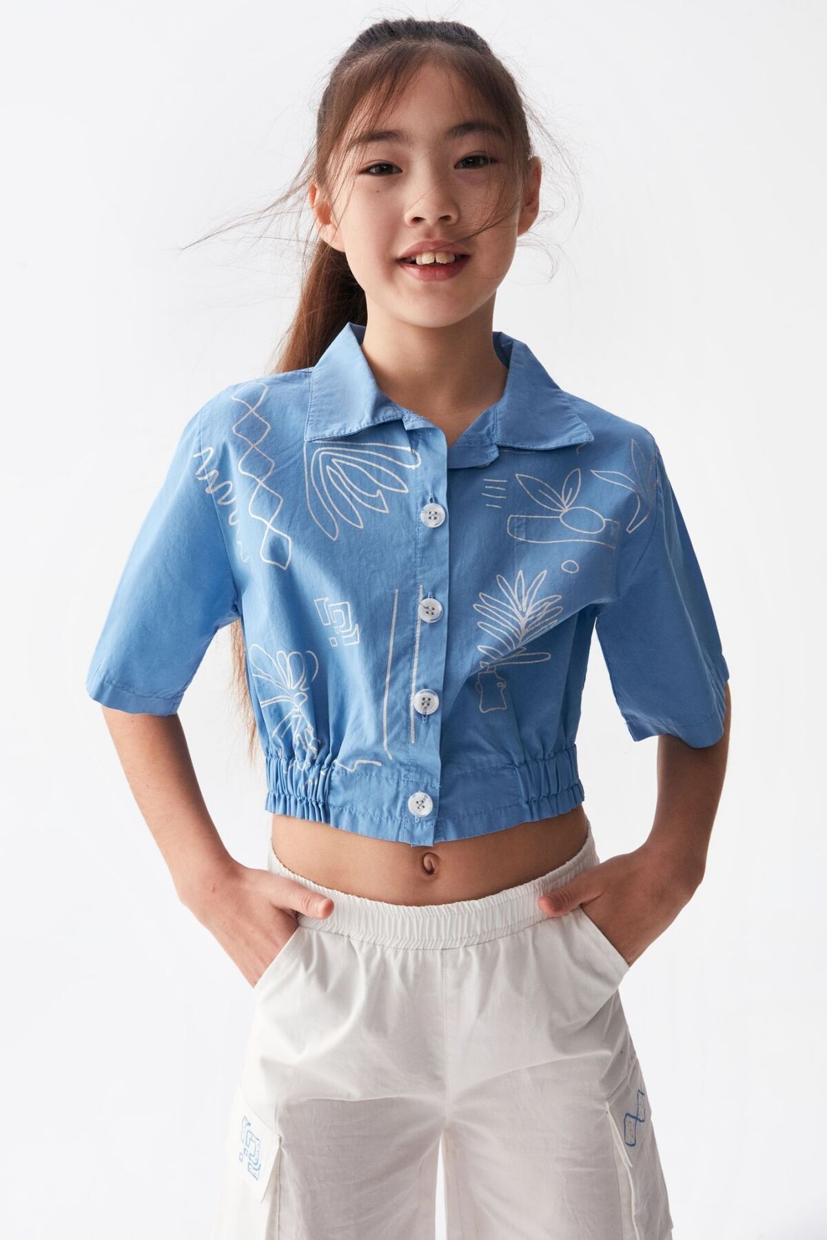 Nk Kids Nk Santorini Mavi Bel Lastikli Crop Gömlek ( 8-14 Size )
