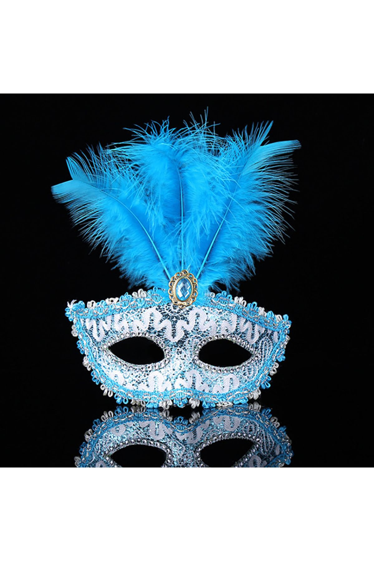 SkyGOO Mavi Dantel İşlemeli Mavi Tüylü Balo Parti Maskesi 17x20 cm