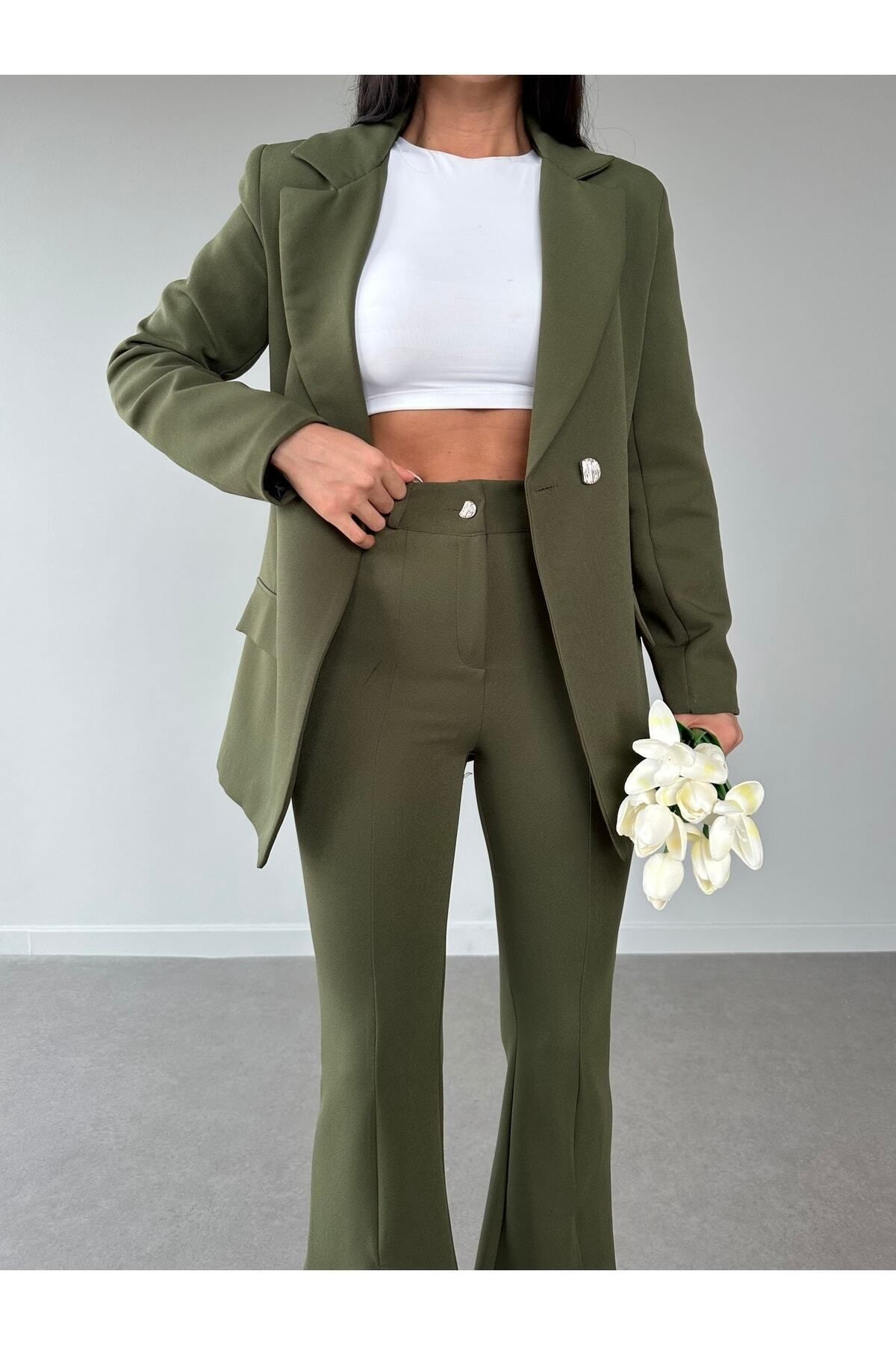 Female Clothing Haki Astarlı Tek Düğme Blazer Ceket Ispanyol Yırtmaçlı Paça Esnek Pantolon Takım Elbise