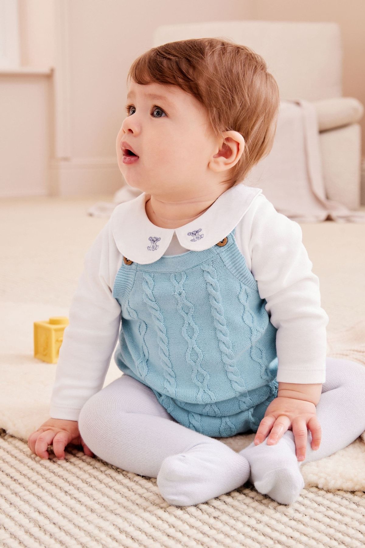 Next Baby % 100 Pamuklu Mavi Örgü Salopet Bebe Yaka Ayı İşlemeli Body Zıbın Çorap Set