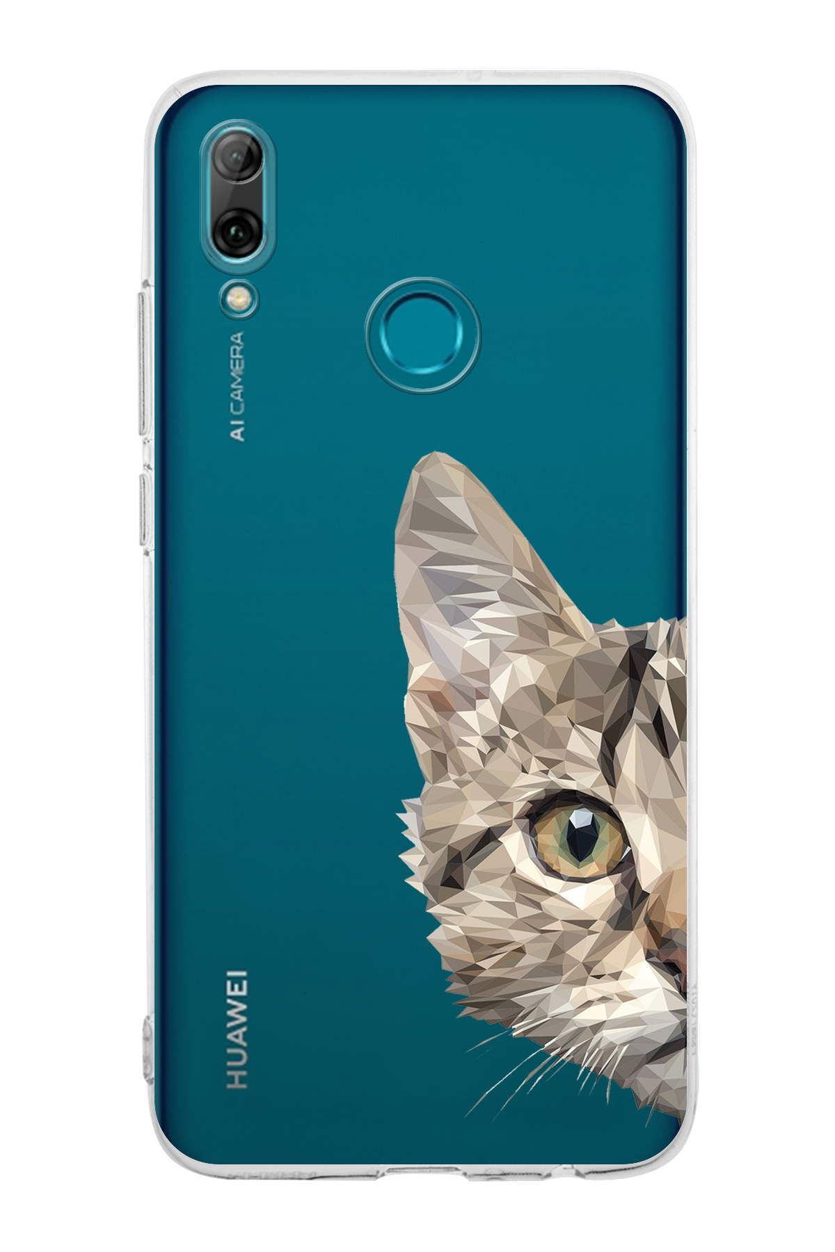 PrintiFy Huawei Psmart 2019 Uyumlu Kamera Korumalı Catface Tasarımlı Şeffaf Silikon Kılıf