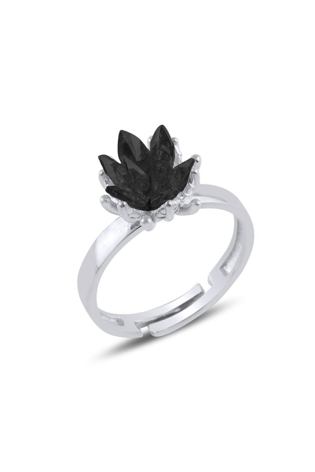 Tevuli Gümüş Lotus Çiçeği Siyah Zirkon Taşlı Yüzük