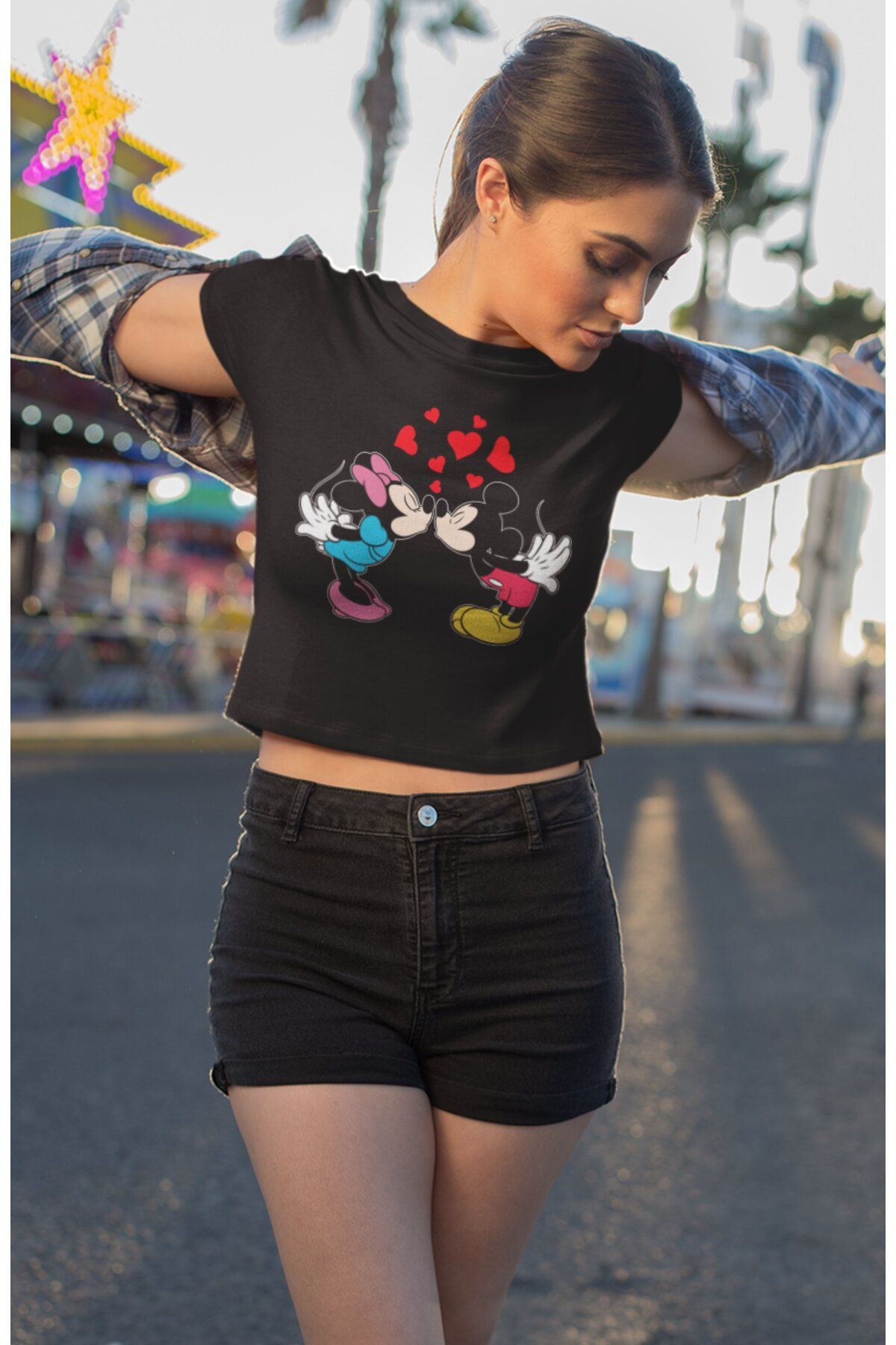 Fuddy Moda Mickey ve Minnie Mouse Baskılı Crop Top, Kalp Baskılı Crop Bluz