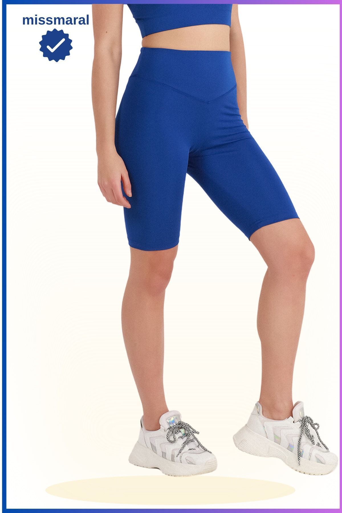 missmaral Kadın Saks Mavi Yüksek Bel Toparlayıcı Kısa Spor Tayt Biker Şort Basics Casual & Comfort 1070