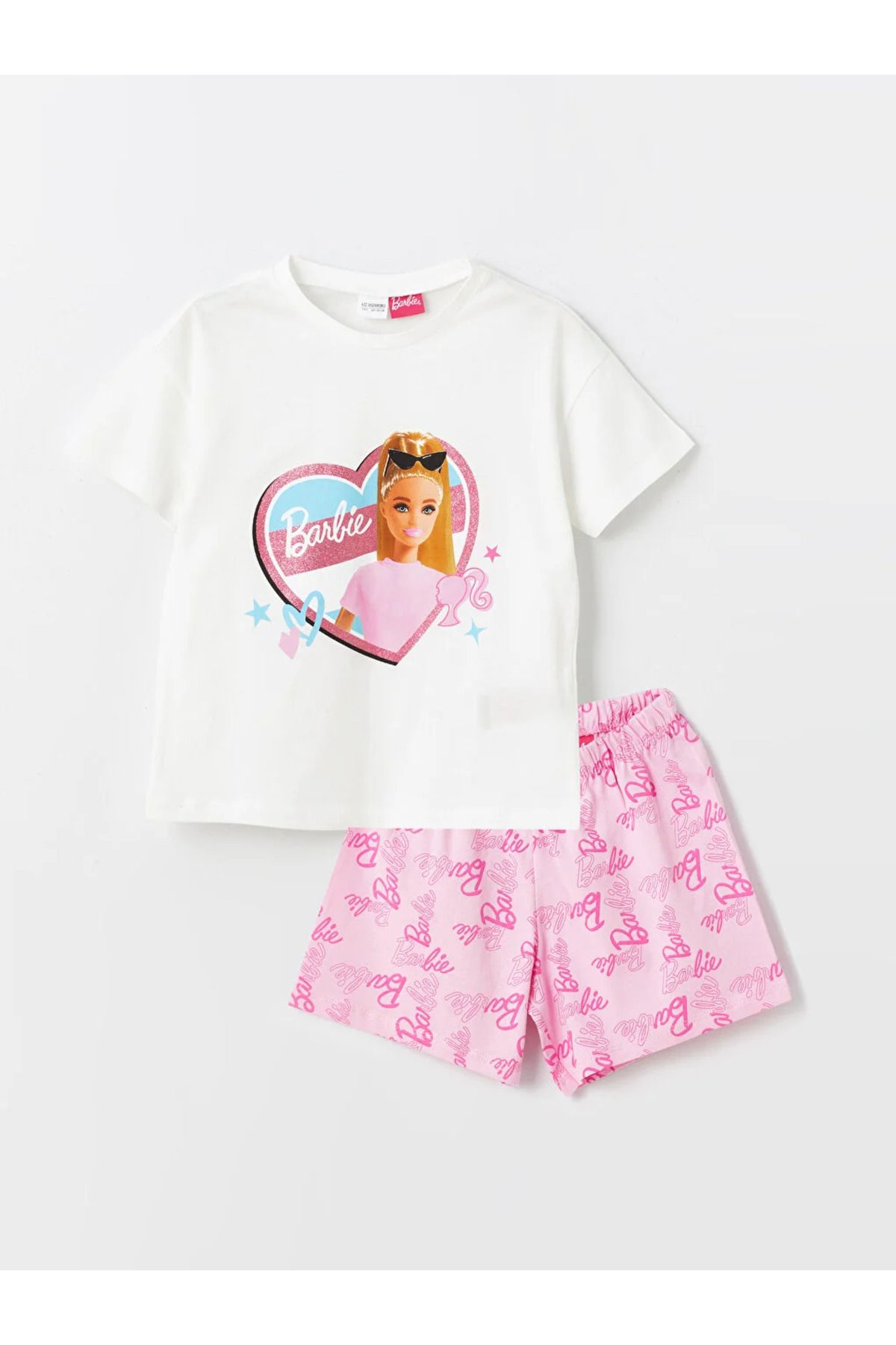 LC Waikiki LCW Kids Bisiklet Yaka Barbie Baskılı Kısa Kollu Kız Çocuk Şortlu Pijama Takımı mrglobal