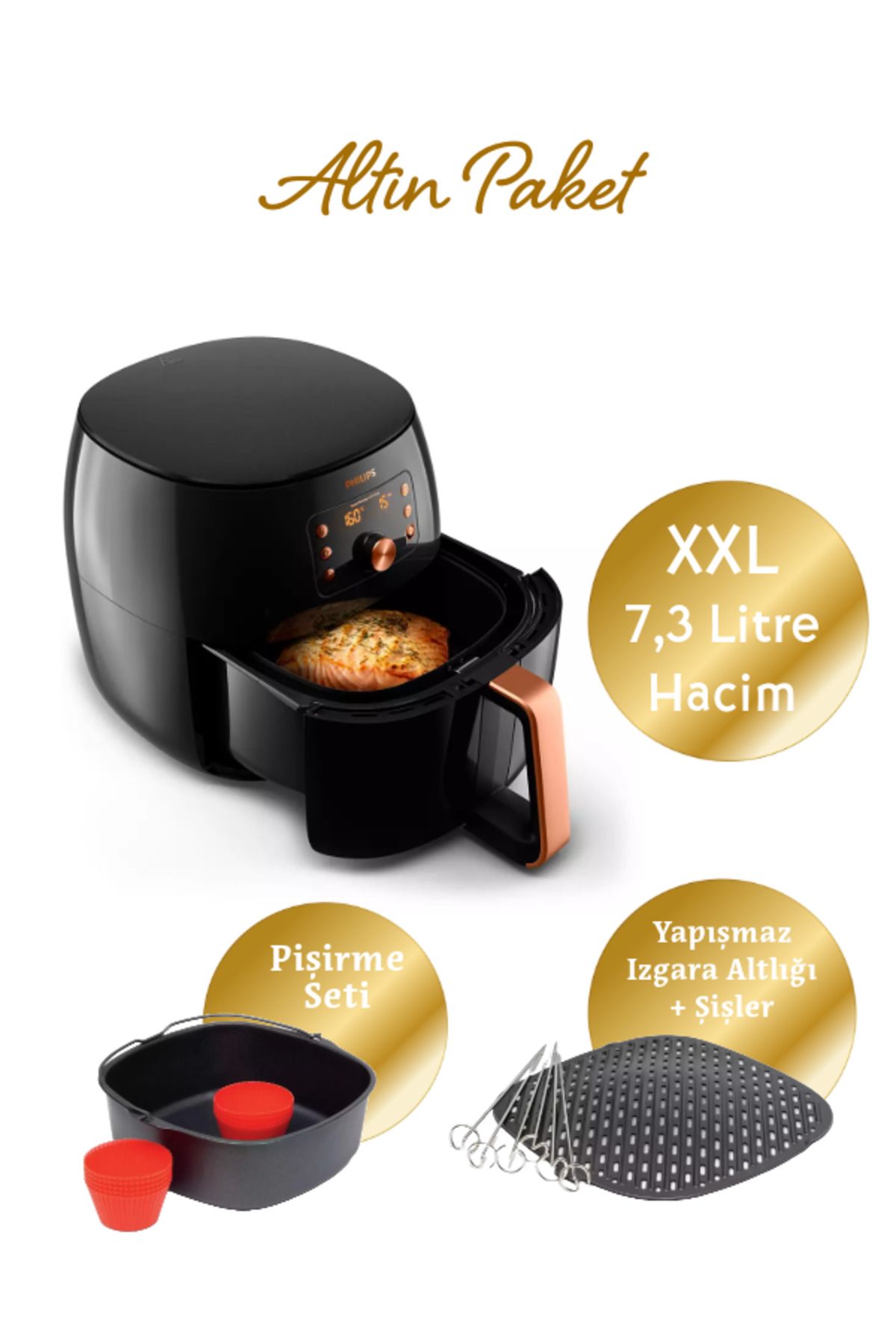 Philips XXL 7.3 lt Yağsız Fritöz, Izgara ve Pişirici Seti, Altın Paket HD9867 Luciole Lambader Hediye