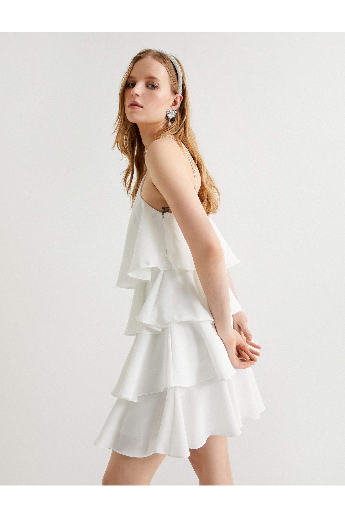 Koton Katlı Bridal Mini Elbise Halter Yaka Taş Detaylı Astarlı
