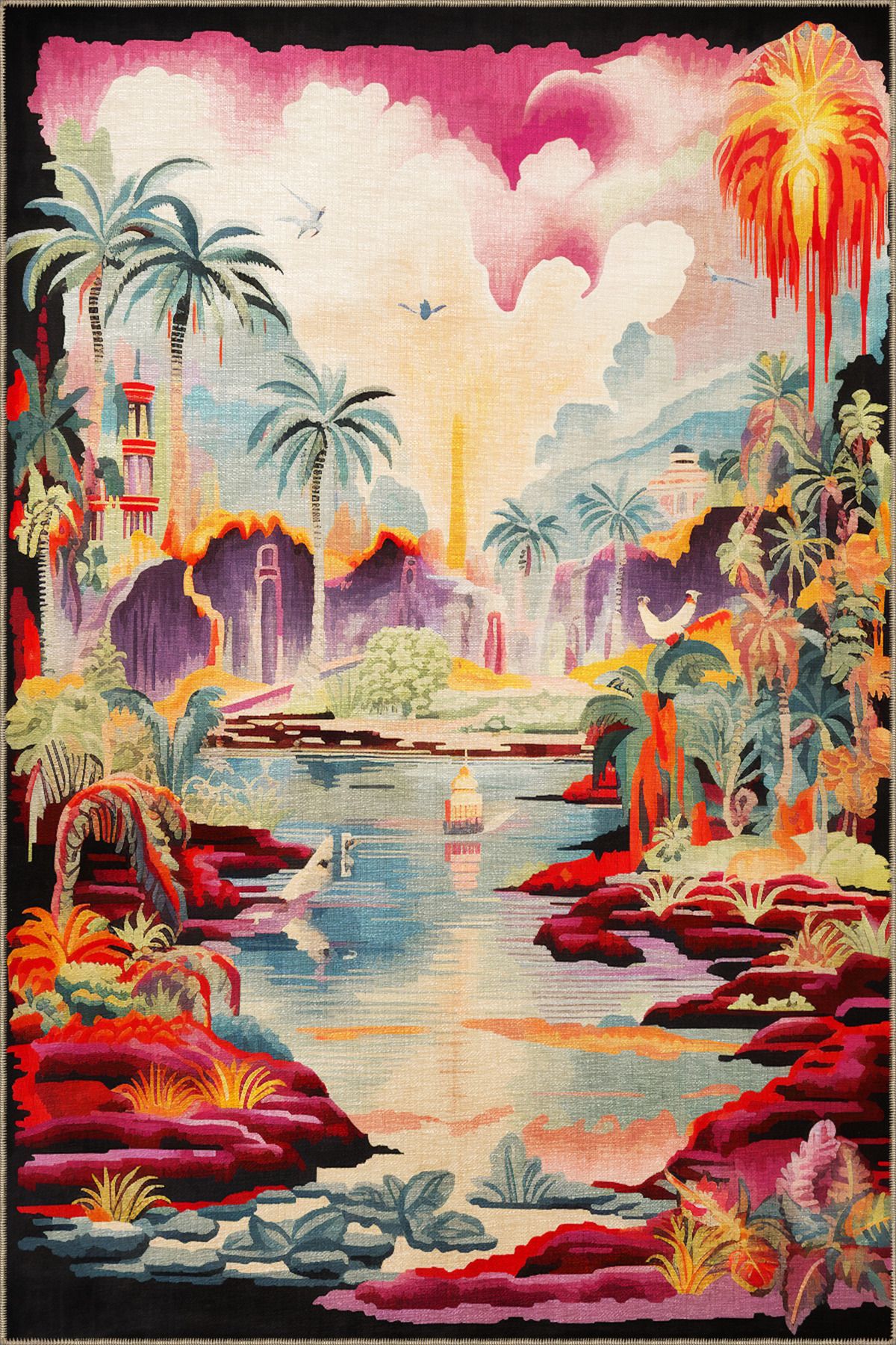 Rugs Modern Halı Dido 2 Koleksiyonu Goblen Tasarım Göl Ağaç Ve Bulut Desenli Vintage Dekoratif Halı 3252