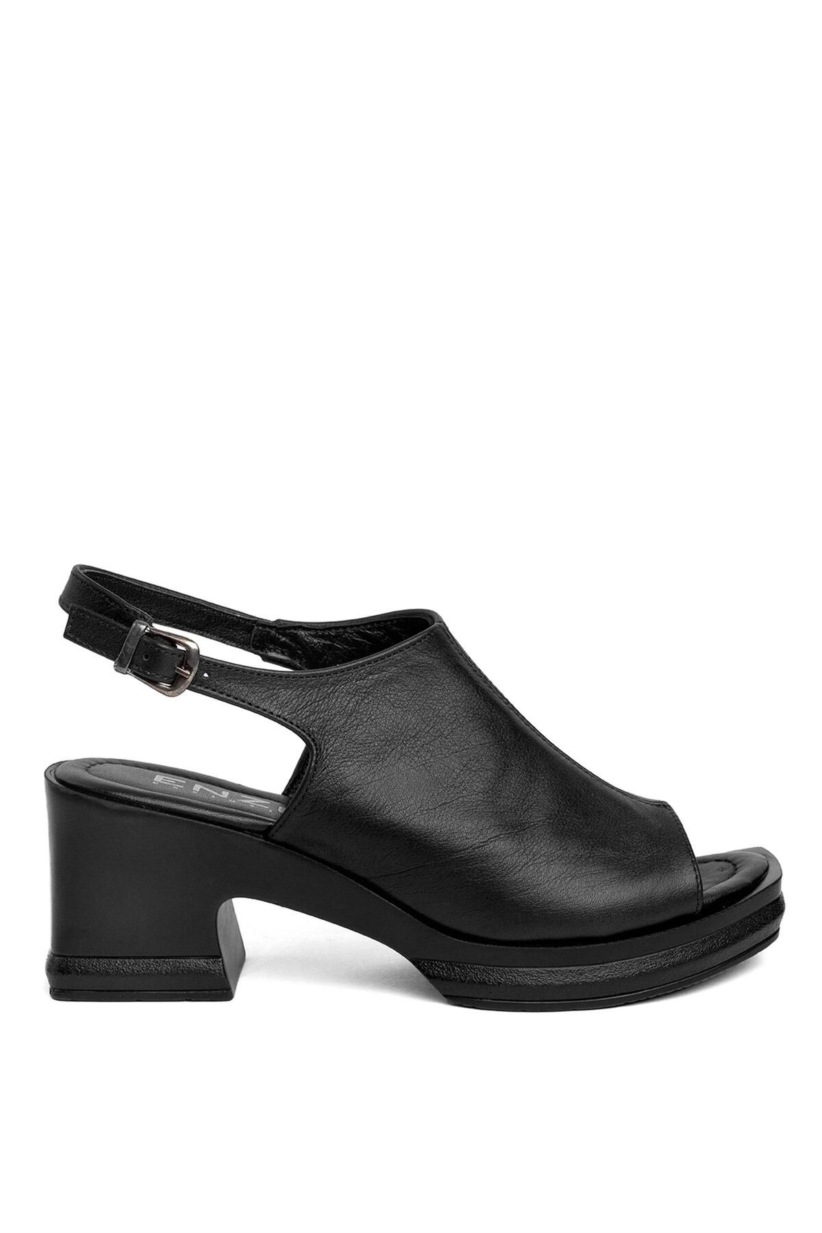 ENZO 50-05 Kadın Hakiki Deri Topuklu Sandalet Siyah