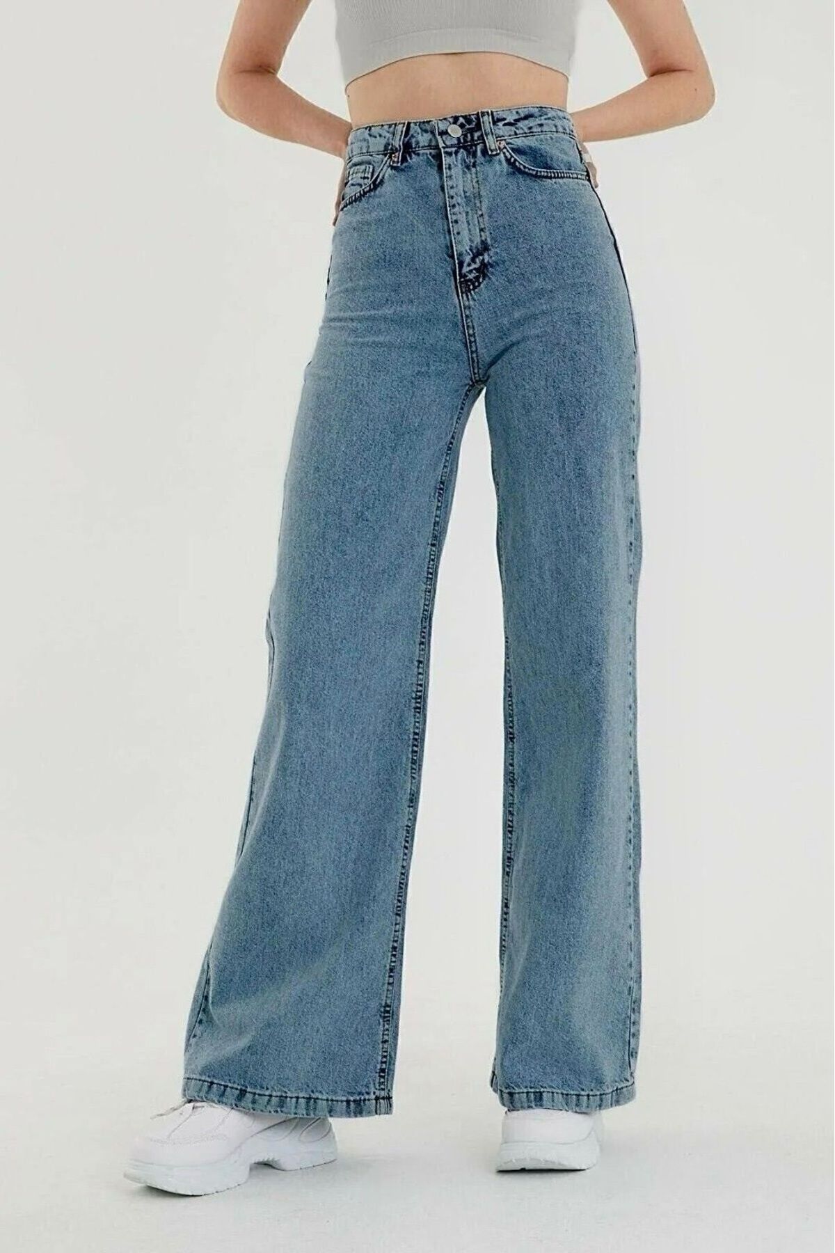 modazoom Kadın Kar Yıkama Yüksek Bel Bol Paça Denim Jeans