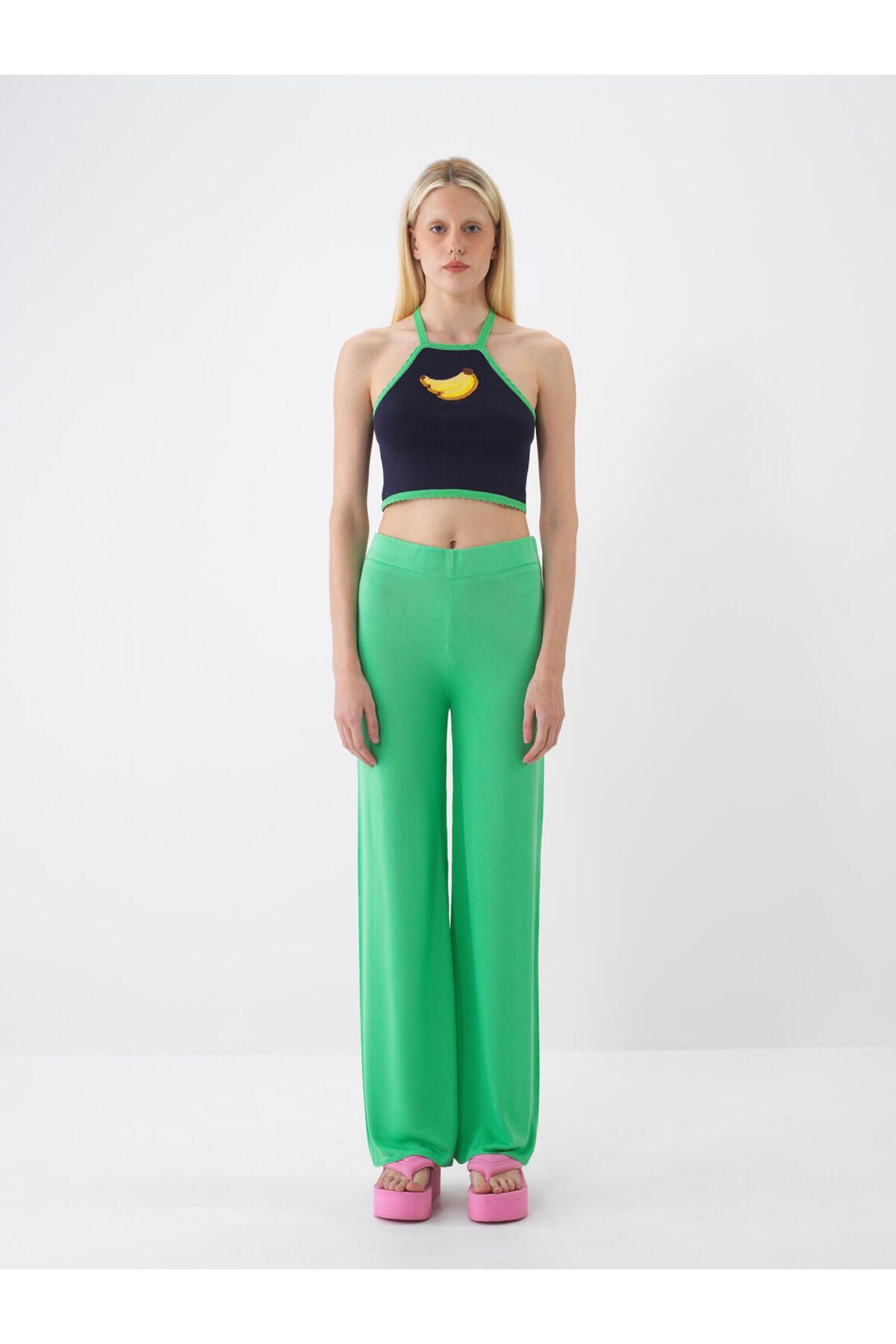 Xint Kadın Yeşil Beli Lastikli Regular Fit Triko Pantolon