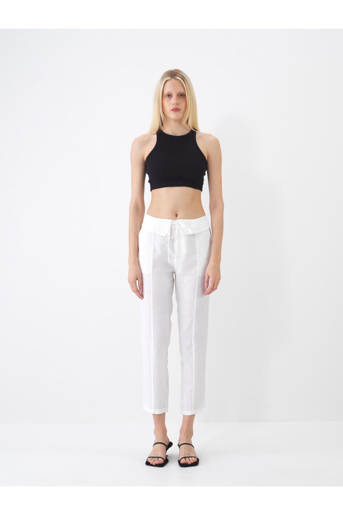 Xint Kadın Beyaz %100 Keten Regular Fit Bağcıklı Pantolon