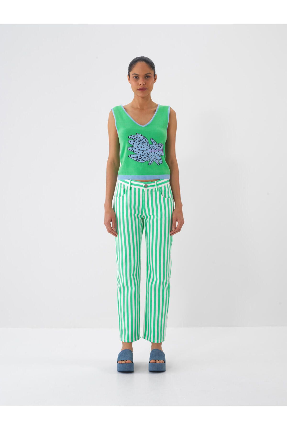Xint Kadın Yeşil %100 Pamuk Regular Fit Çizgili Pantolon