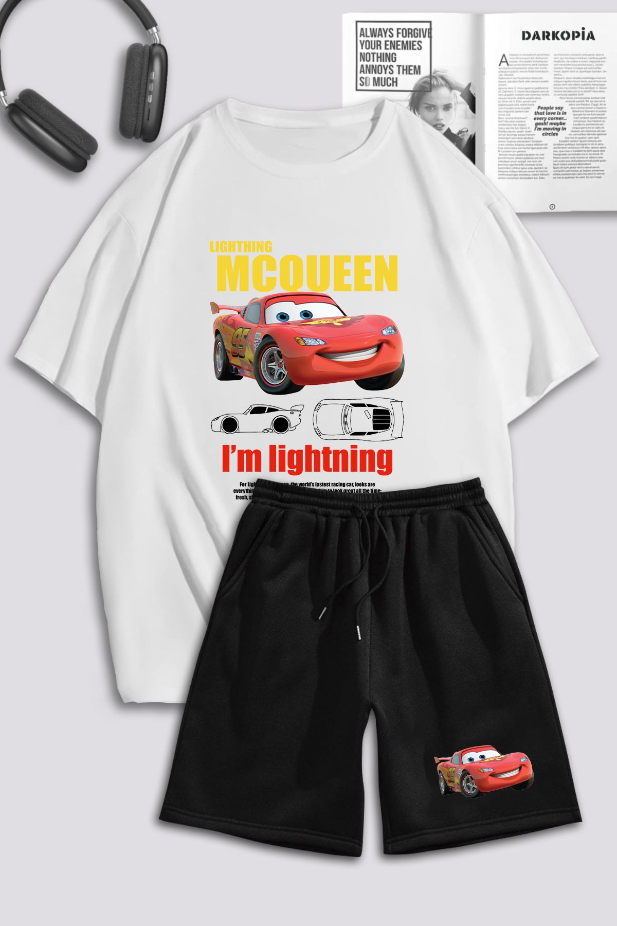 macklin Unisex Kadın Şimşek McQueen Cars Baskılı Özel Tasarım Oversize Tshirt Ve Şort Eşofman Takımı