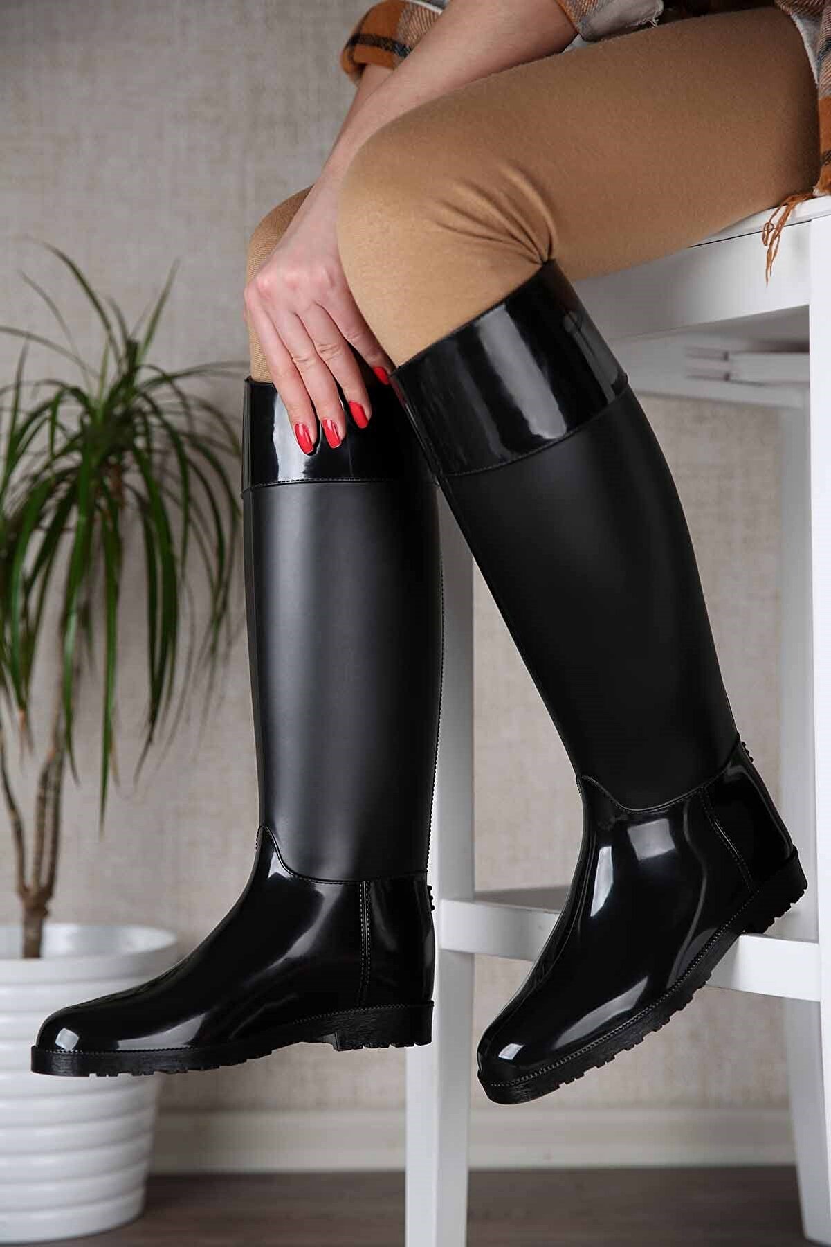 Ccway Kadın Uzun Yağmur Çizmesi Siyah