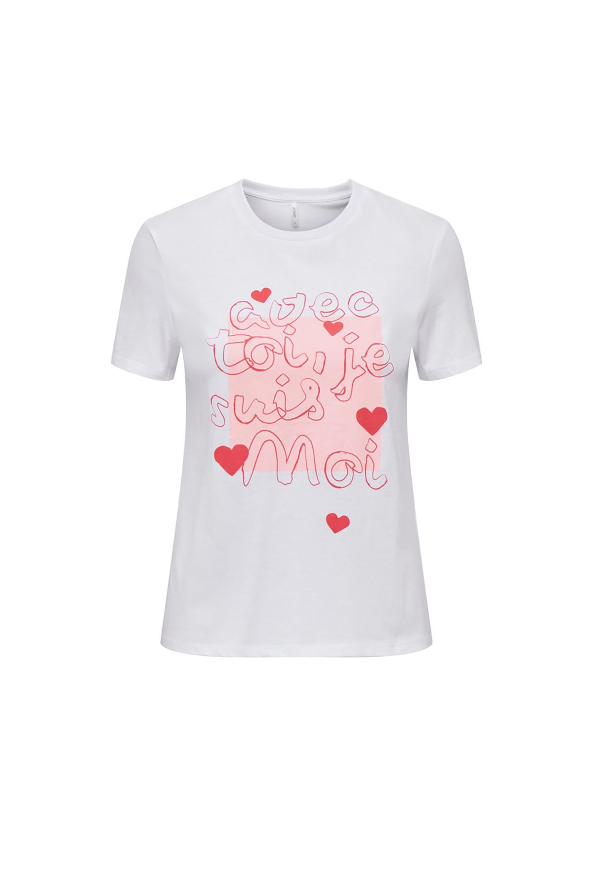 Only O Yaka Baskılı Beyaz Kadın T-Shirt ONLBENJI REG S/S HEART TOP BOX JRS