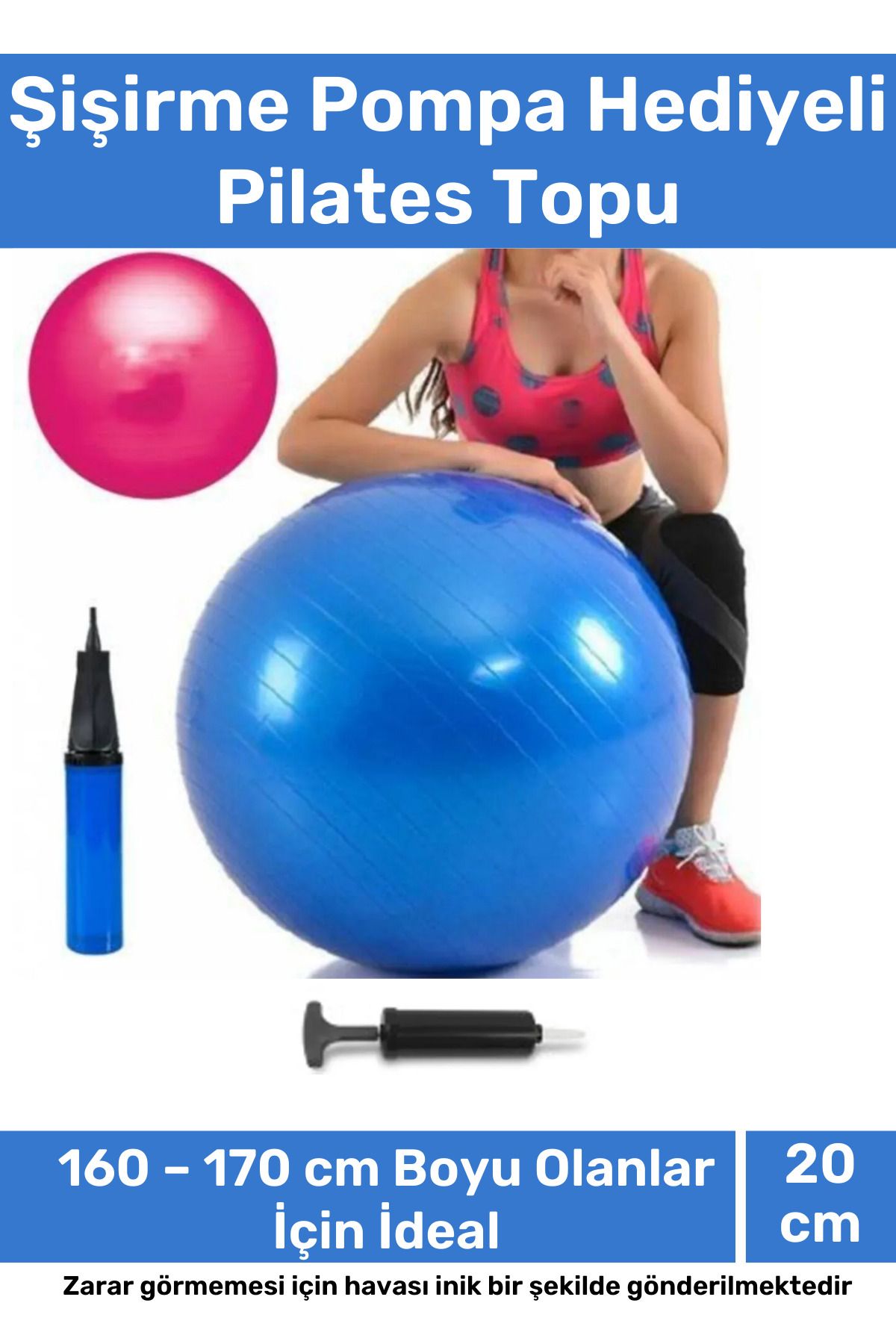 Carlburn Profesyonel Seri Dayanıklı Yüksek Kalite Mini Gymball 20cm Mavi Pilates Topu Şişirme Pompa