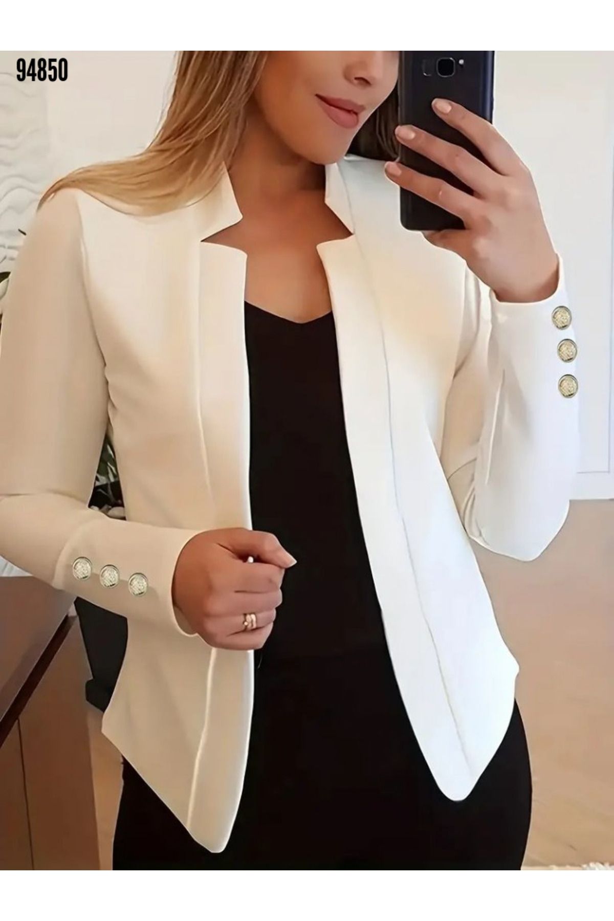 NOBLESTYLE Kadın Uzun Kollu Kol Düğme Detay Ithal Krep Ceket Ince Kumaş