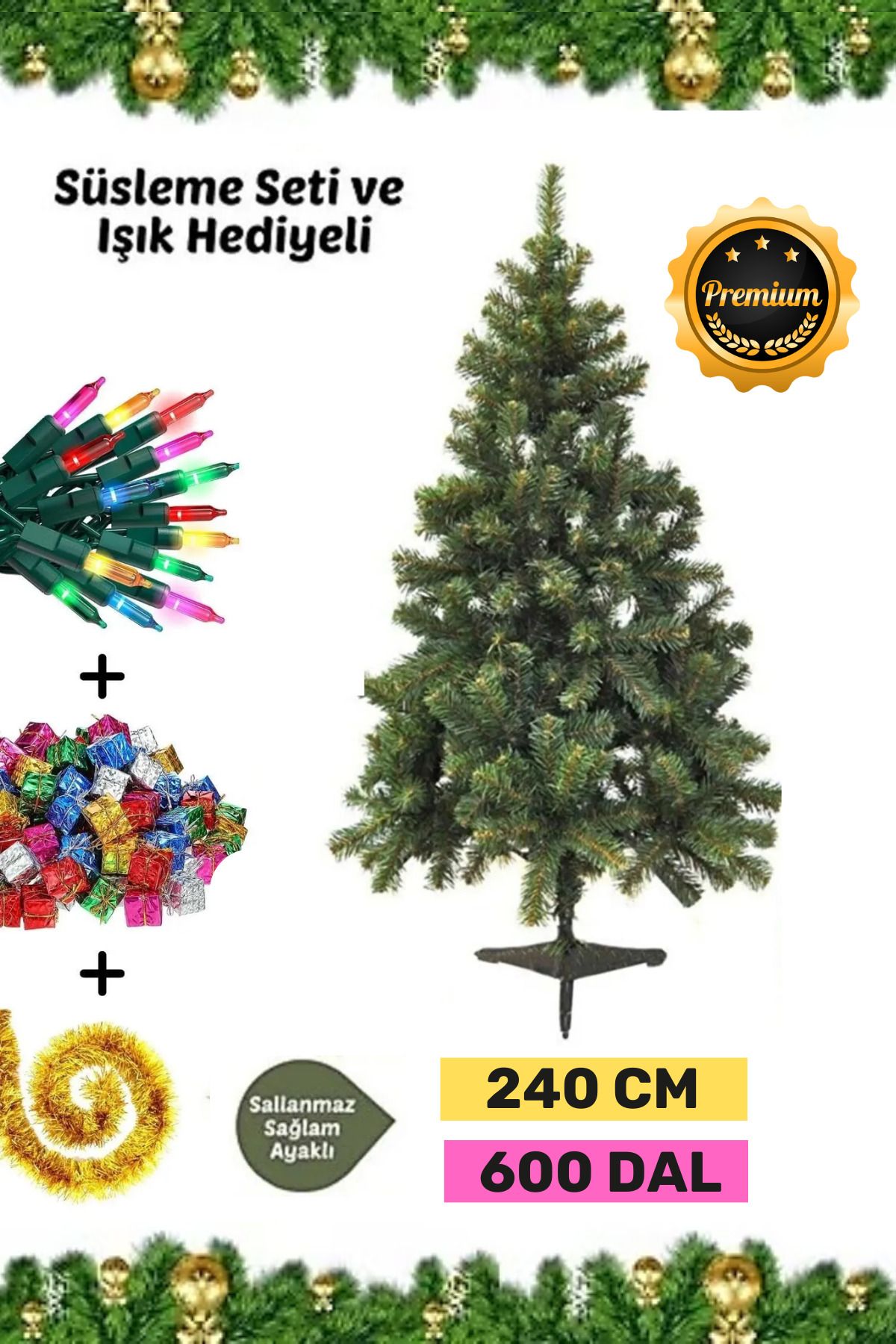 Carlburn Premium Kutu Süsleme Seti Yılbaşı Çam Ağacı Renkli Işığı Yeni Yıl Süsleri Noel Paketi 240 Cm 600 Dal